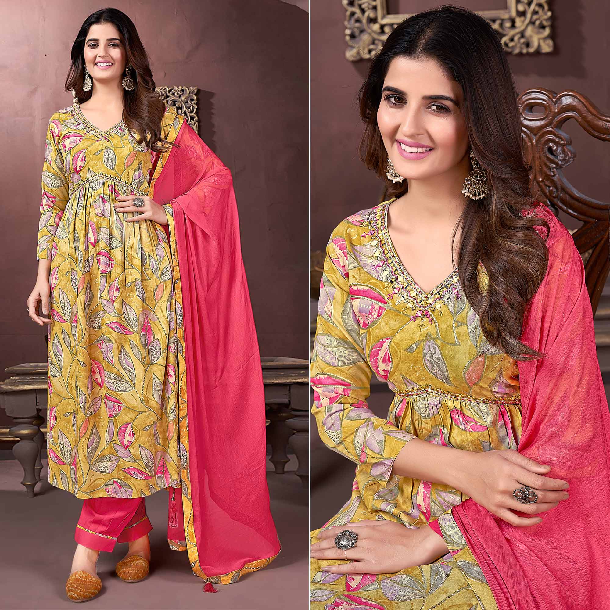Mustard Floral Printed Rayon Alia Cut Salwar Suit