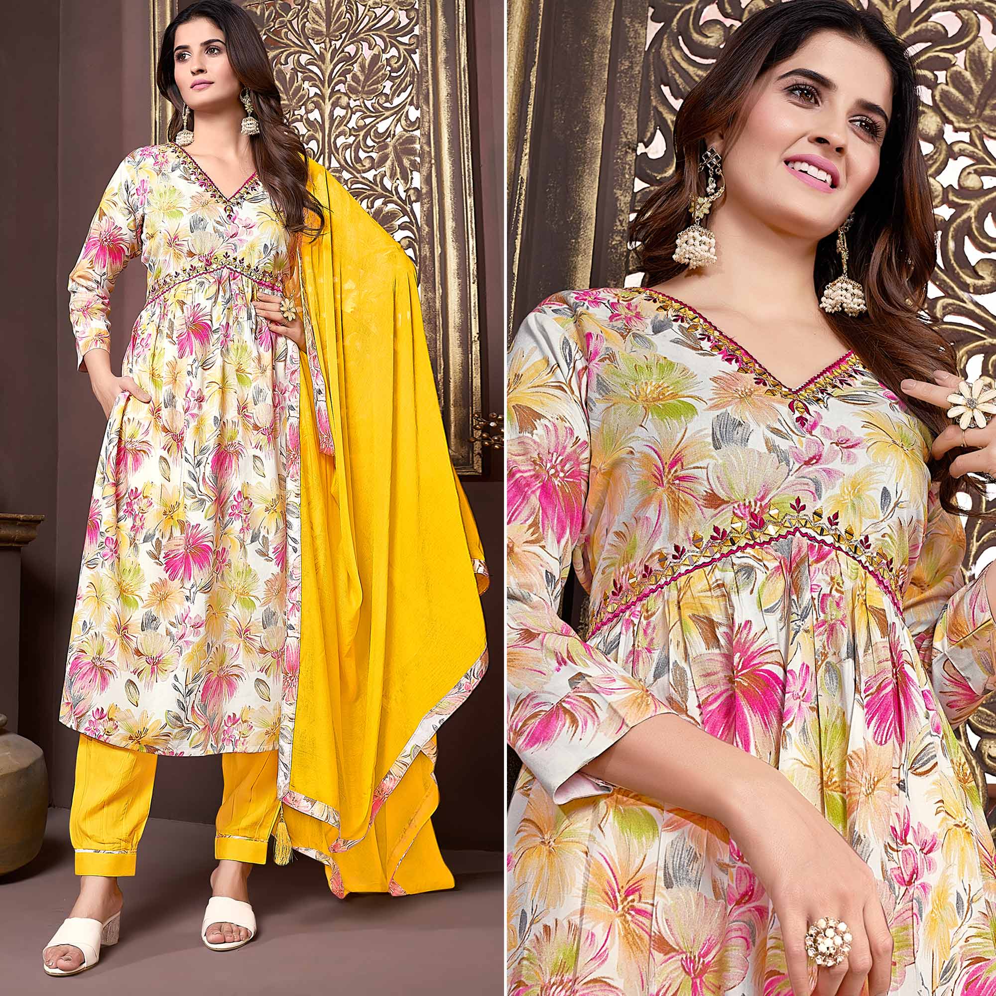 Off White Floral Printed Rayon Alia Cut Salwar Suit