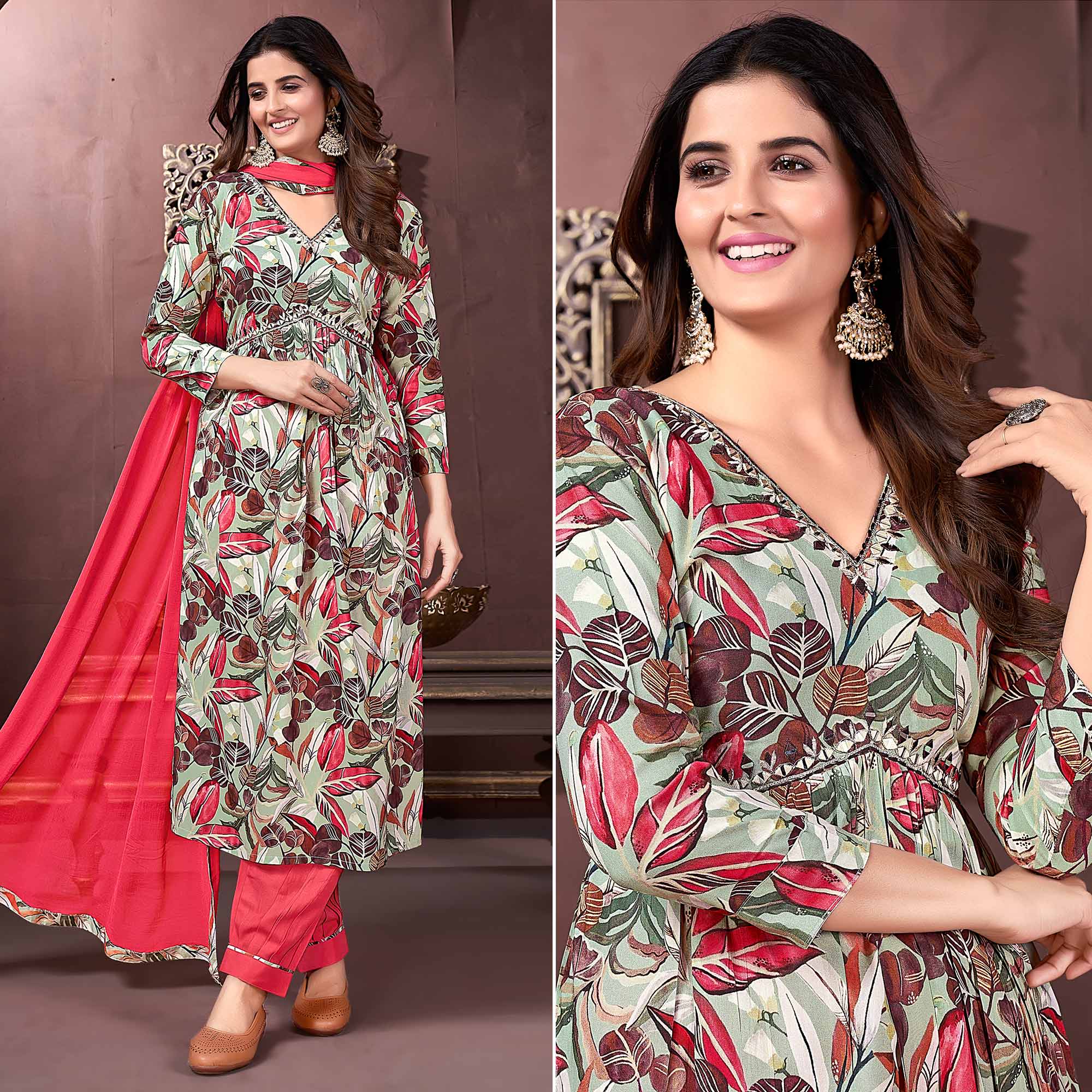 Dusty Green Floral Printed Rayon Alia Cut Salwar Suit