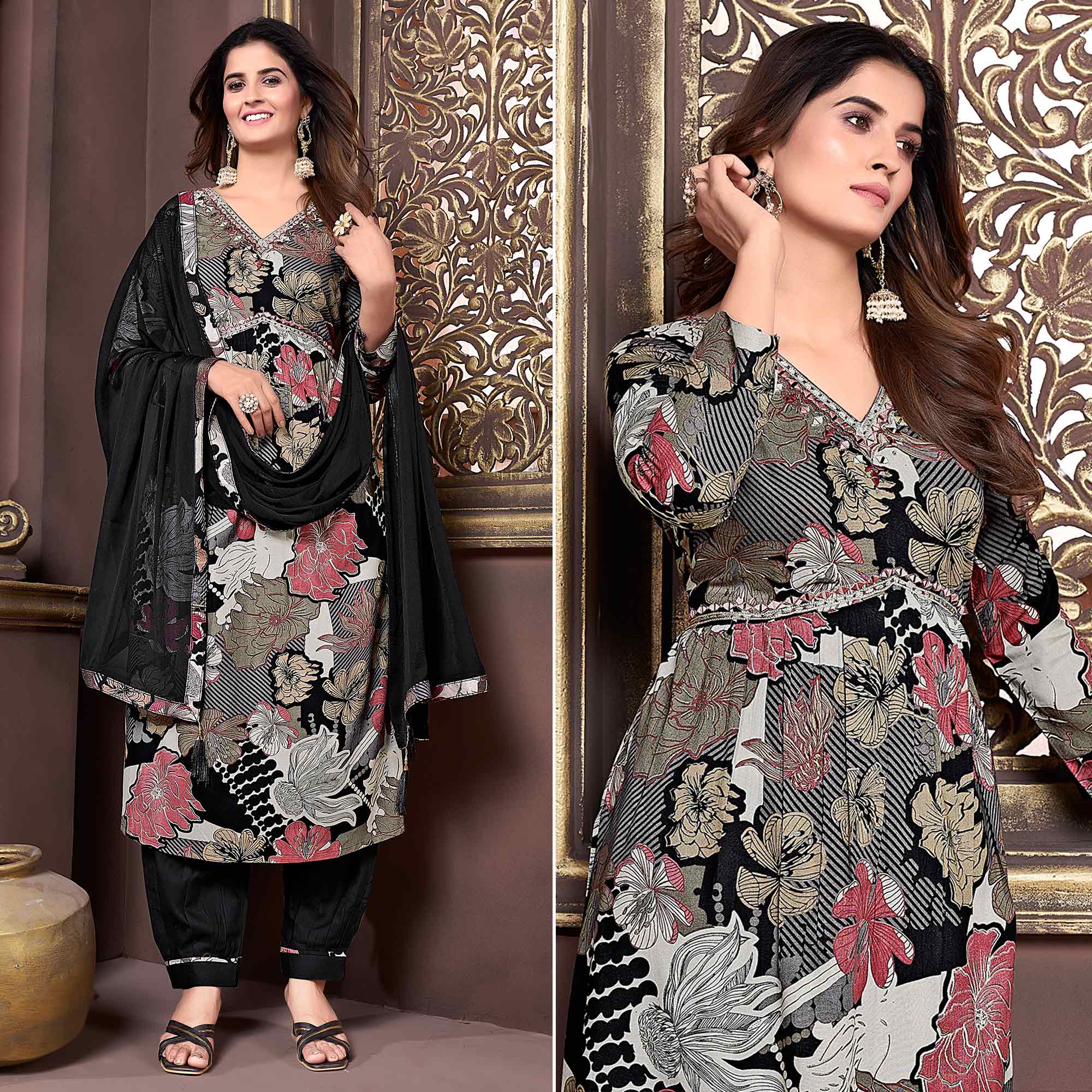 Black Floral Printed Rayon Alia Cut Salwar Suit