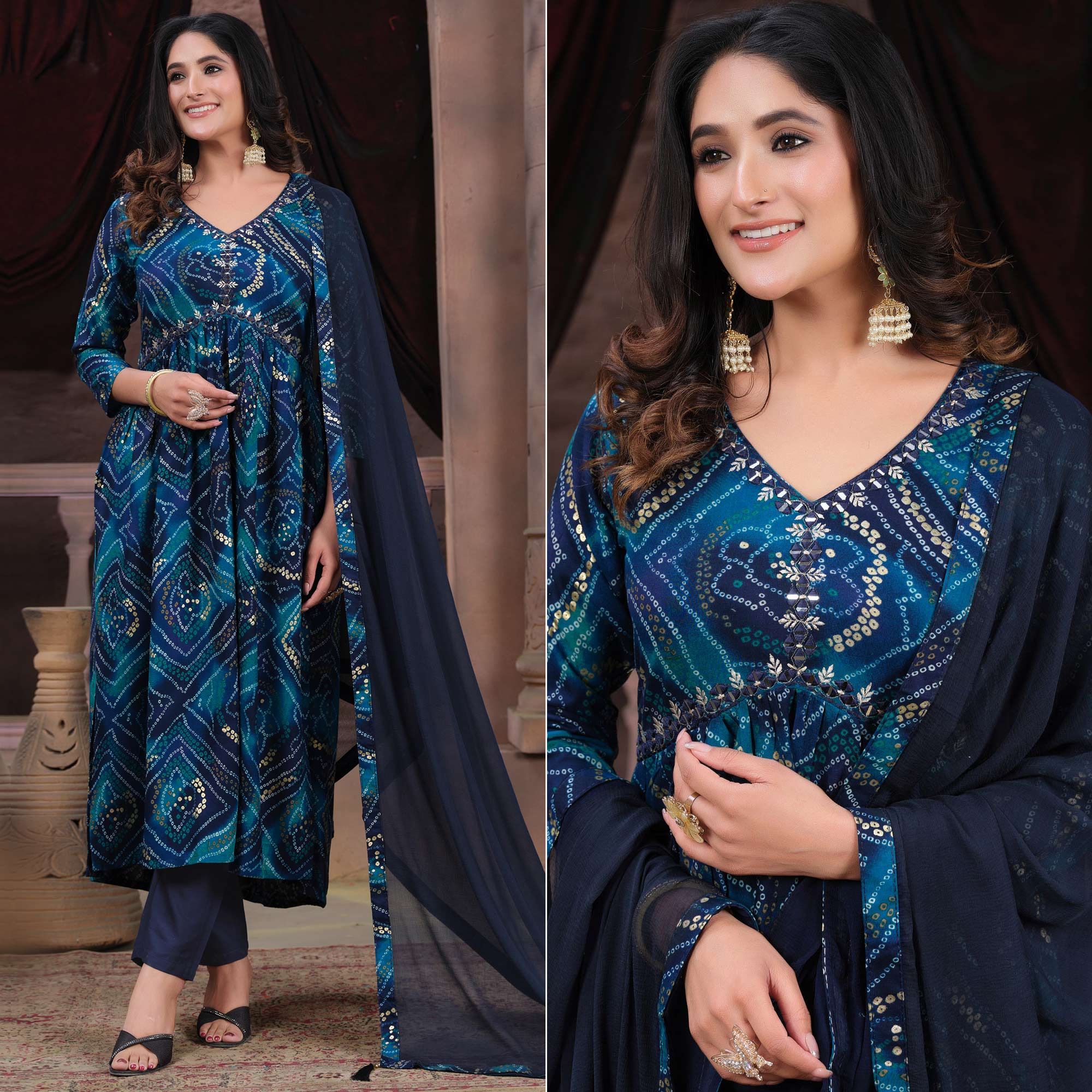 Blue Floral Printed Rayon Alia Cut Salwar Suit