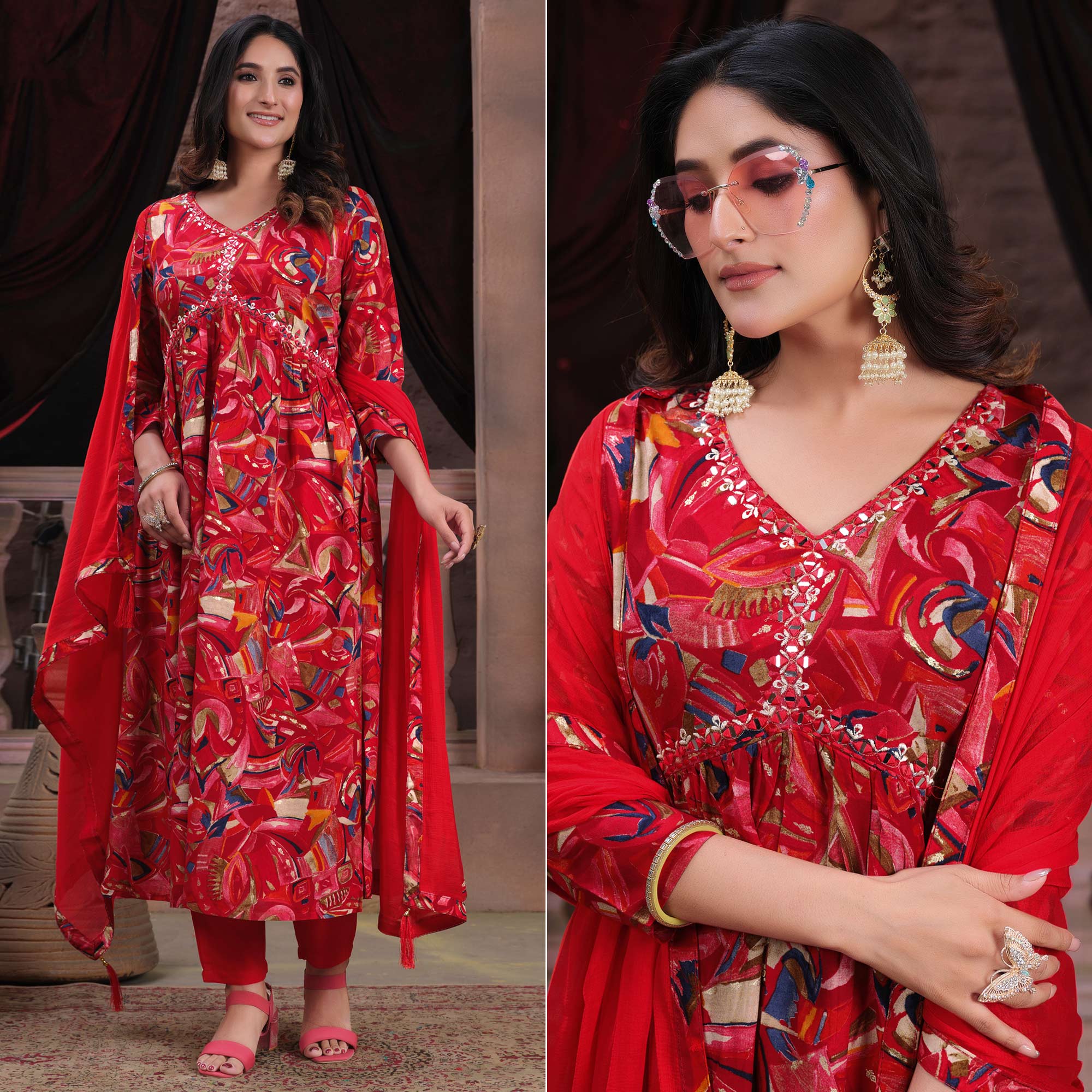 Red Floral Printed Rayon Alia Cut Salwar Suit