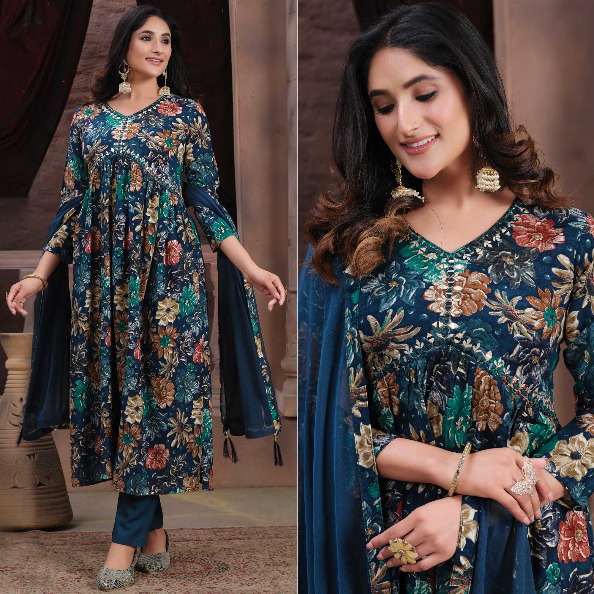 Navy Blue Floral Printed Rayon Alia Cut Salwar Suit