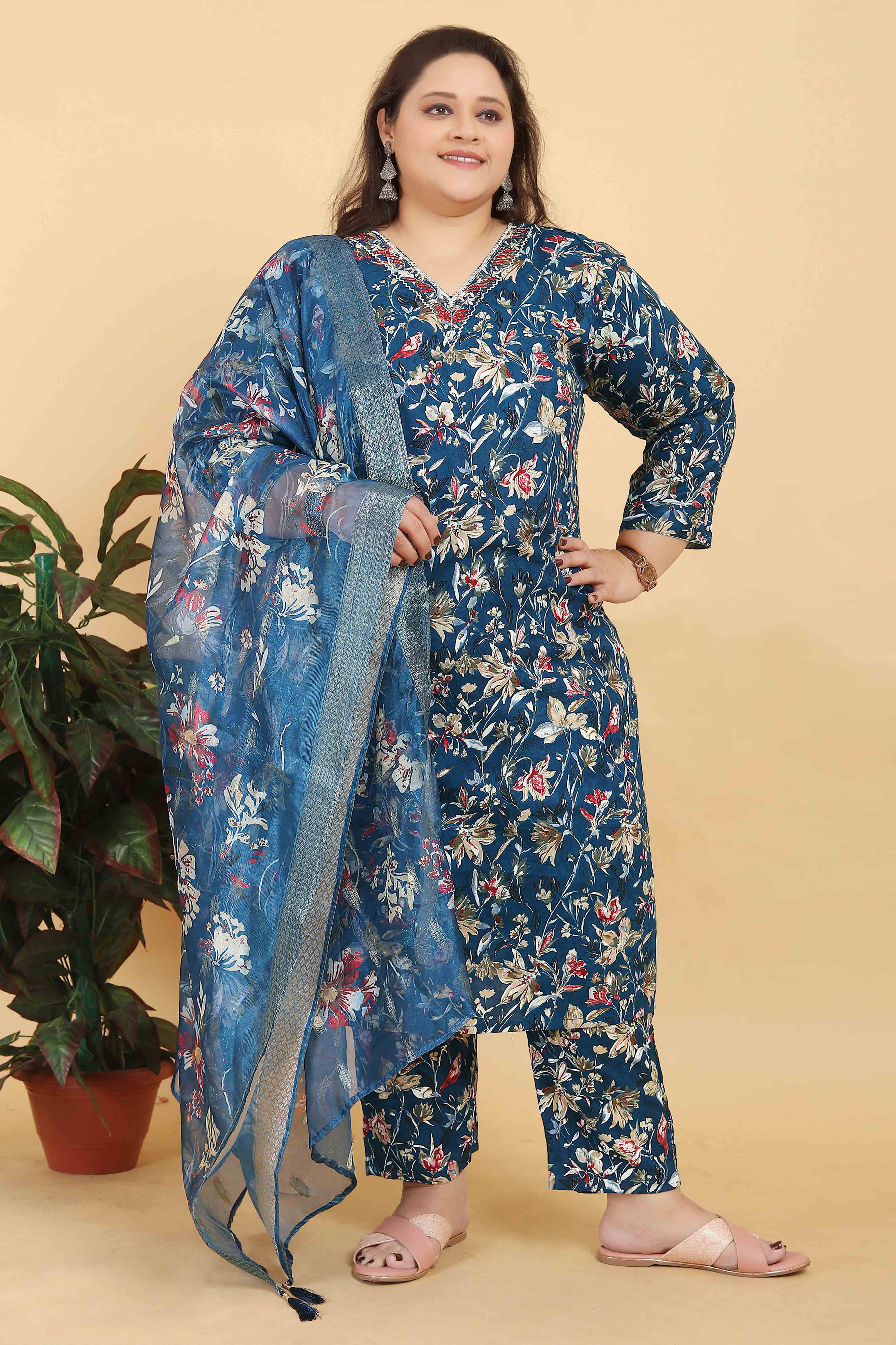 Blue Floral Foil Printed With Mirror Handwork Rayon Salwar Suit