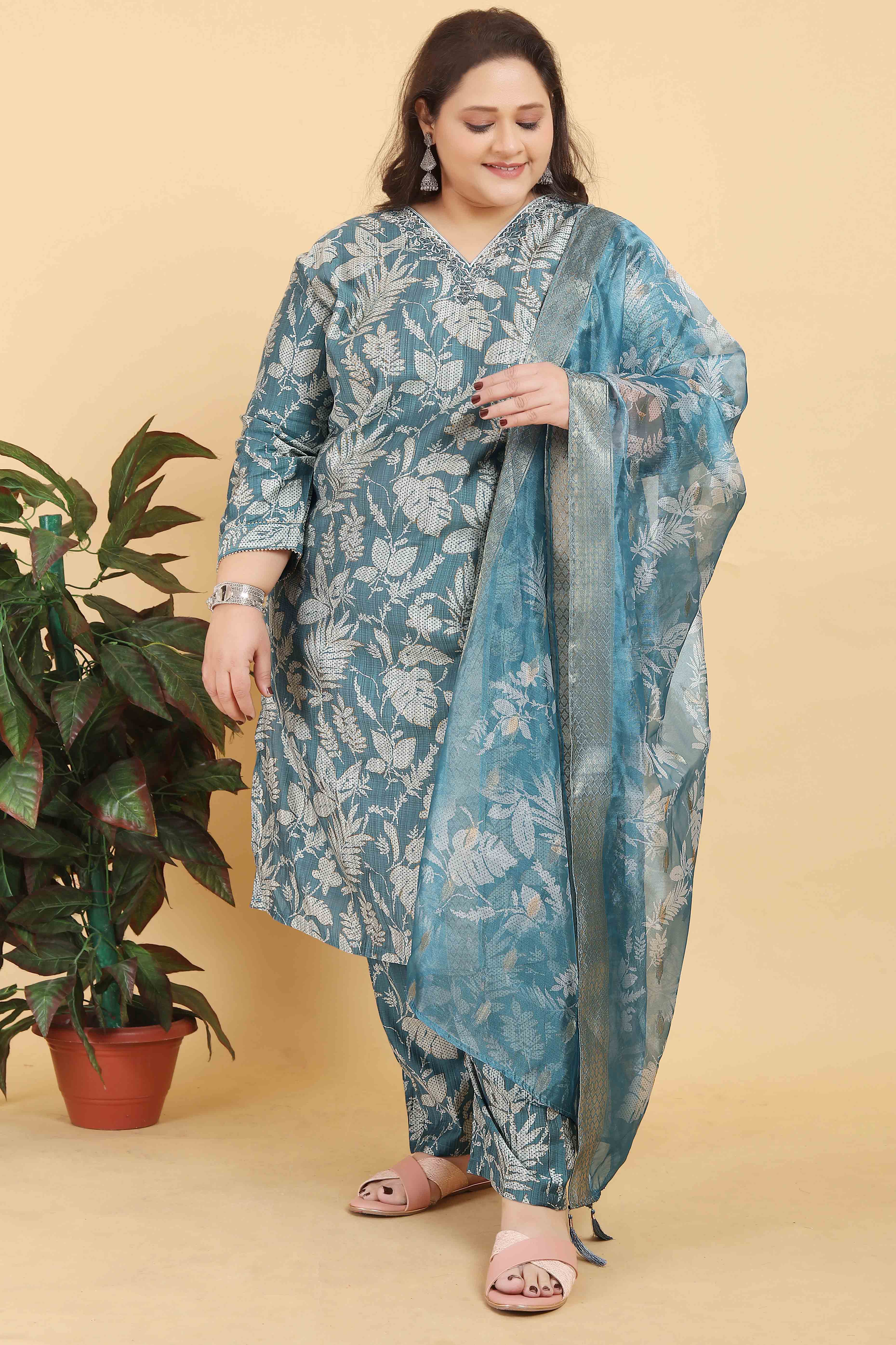 Sage Blue Floral Foil Printed With Mirror Handwork Viscose Salwar Suit