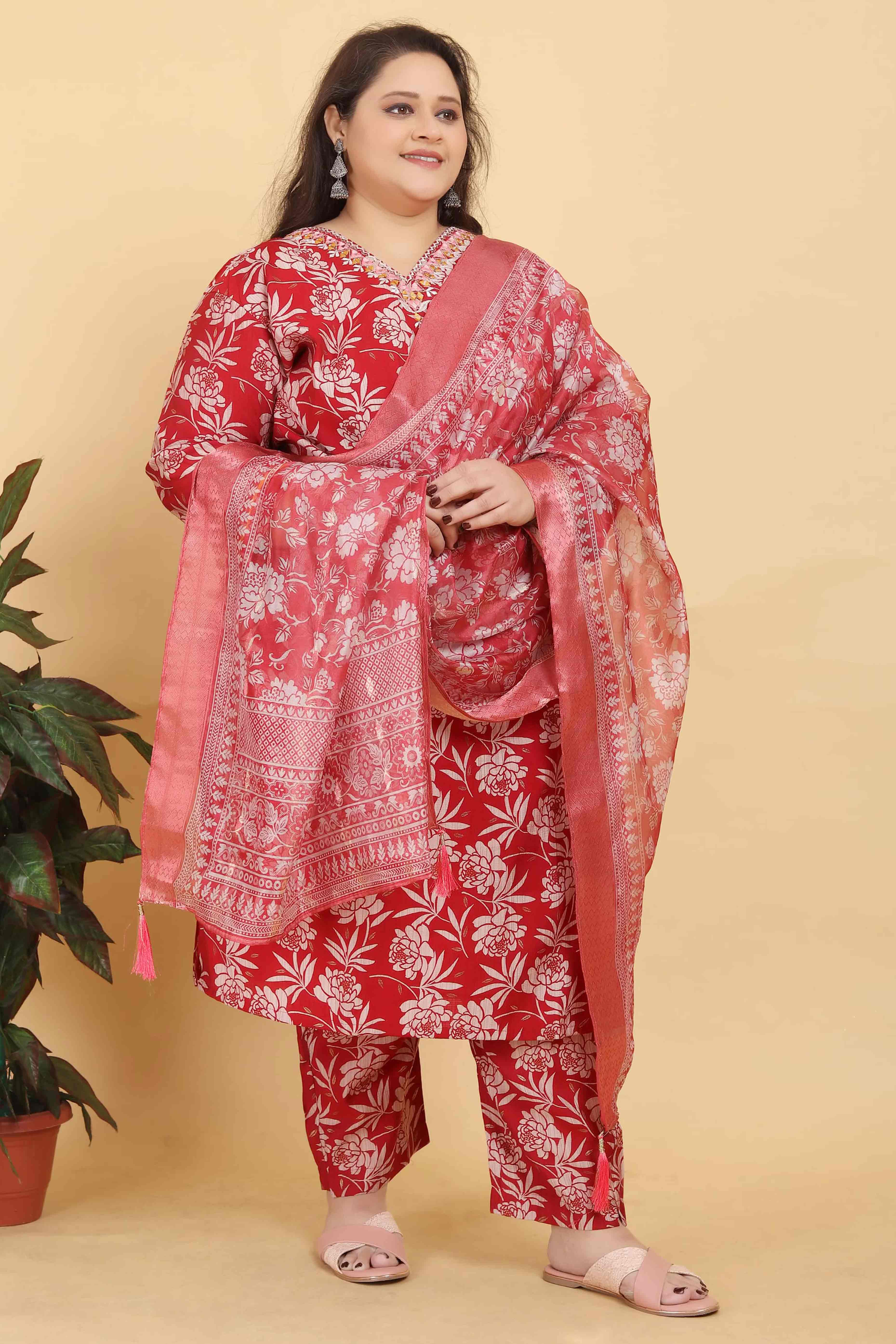 Red Floral Printed Viscose Straight Salwar Suit
