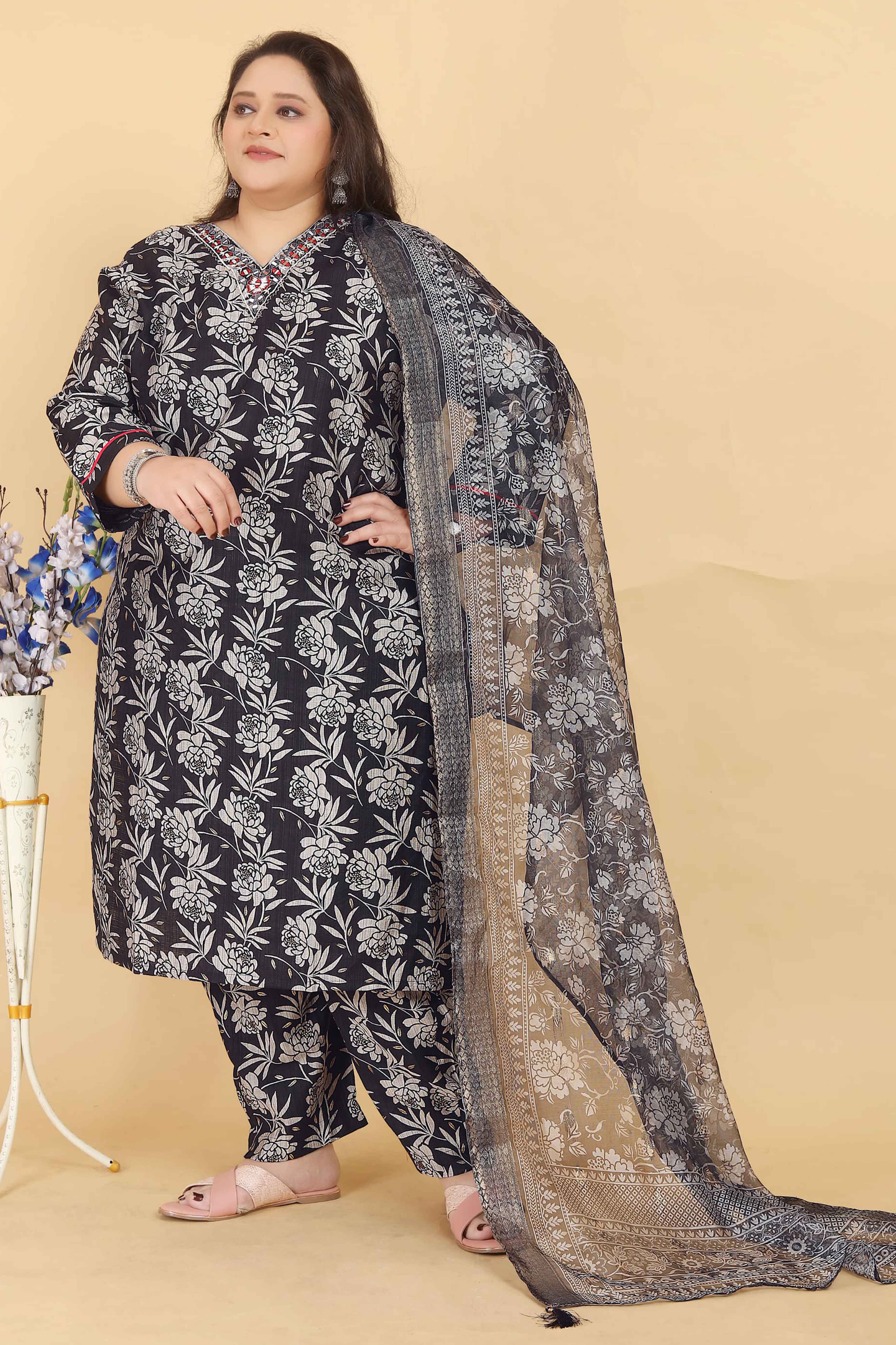 Black Floral Printed Viscose Straight Salwar Suit
