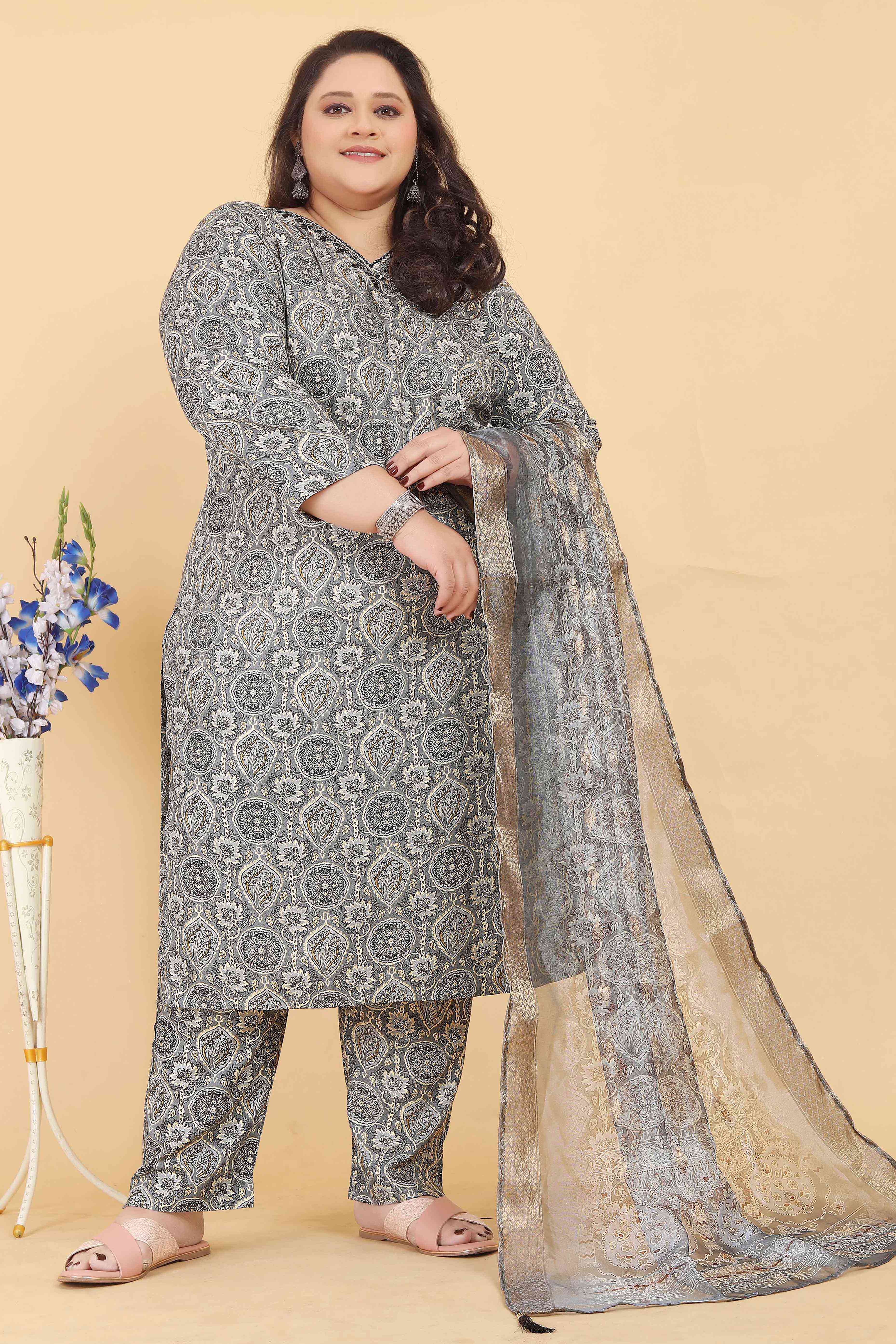 Grey Rayon Straight Salwar Suit Set with Delicate Floral Prints & Side Pockets
