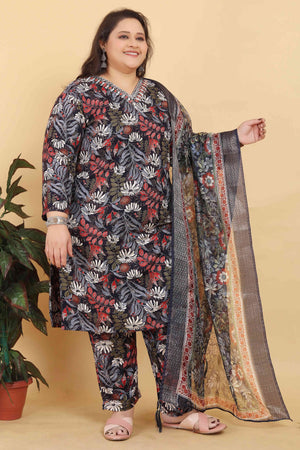 Black Rayon Straight Salwar Suit Set with Delicate Floral Prints & Side Pockets