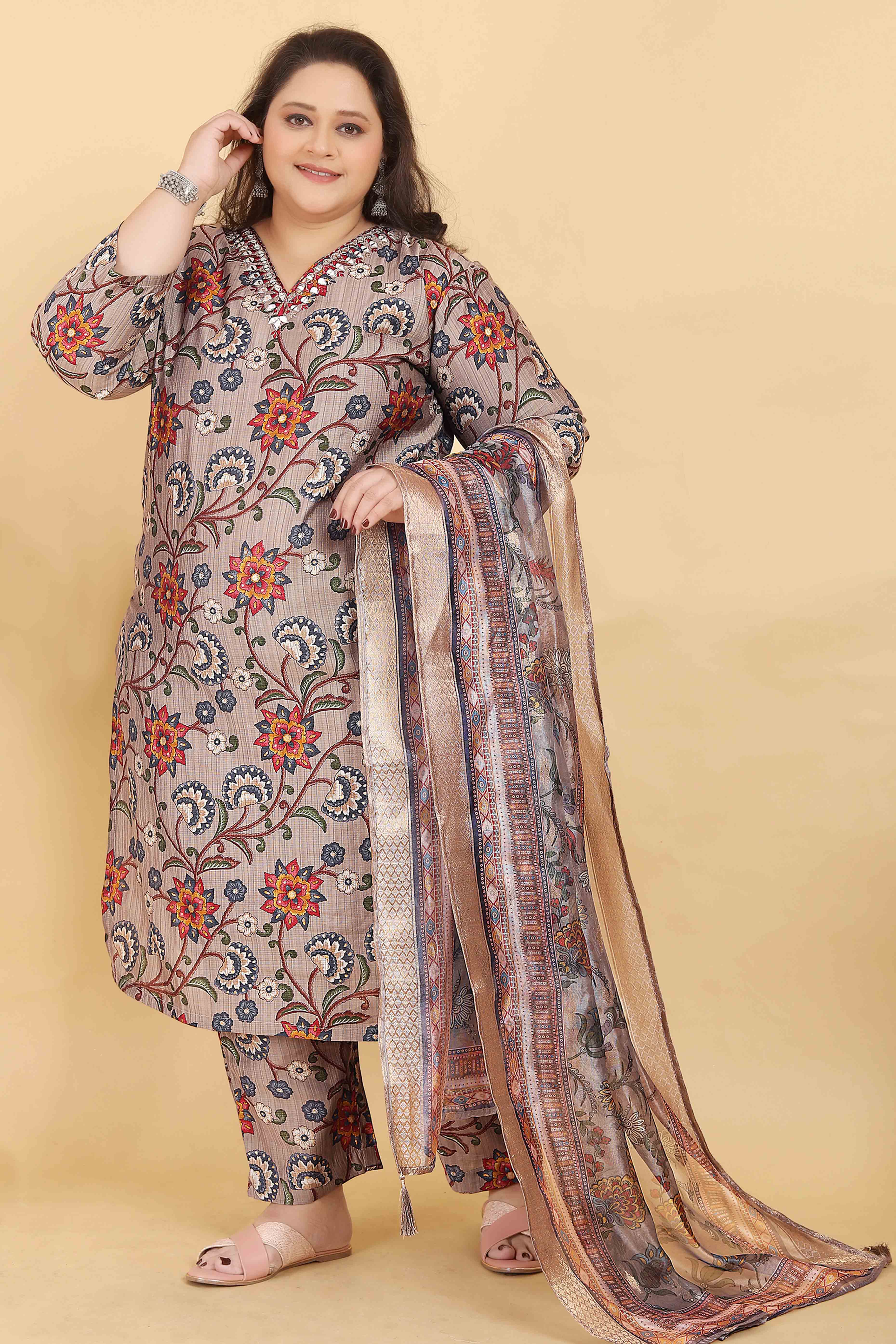Grey Floral Foil Printed With Mirror Handwork Viscose Salwar Suit