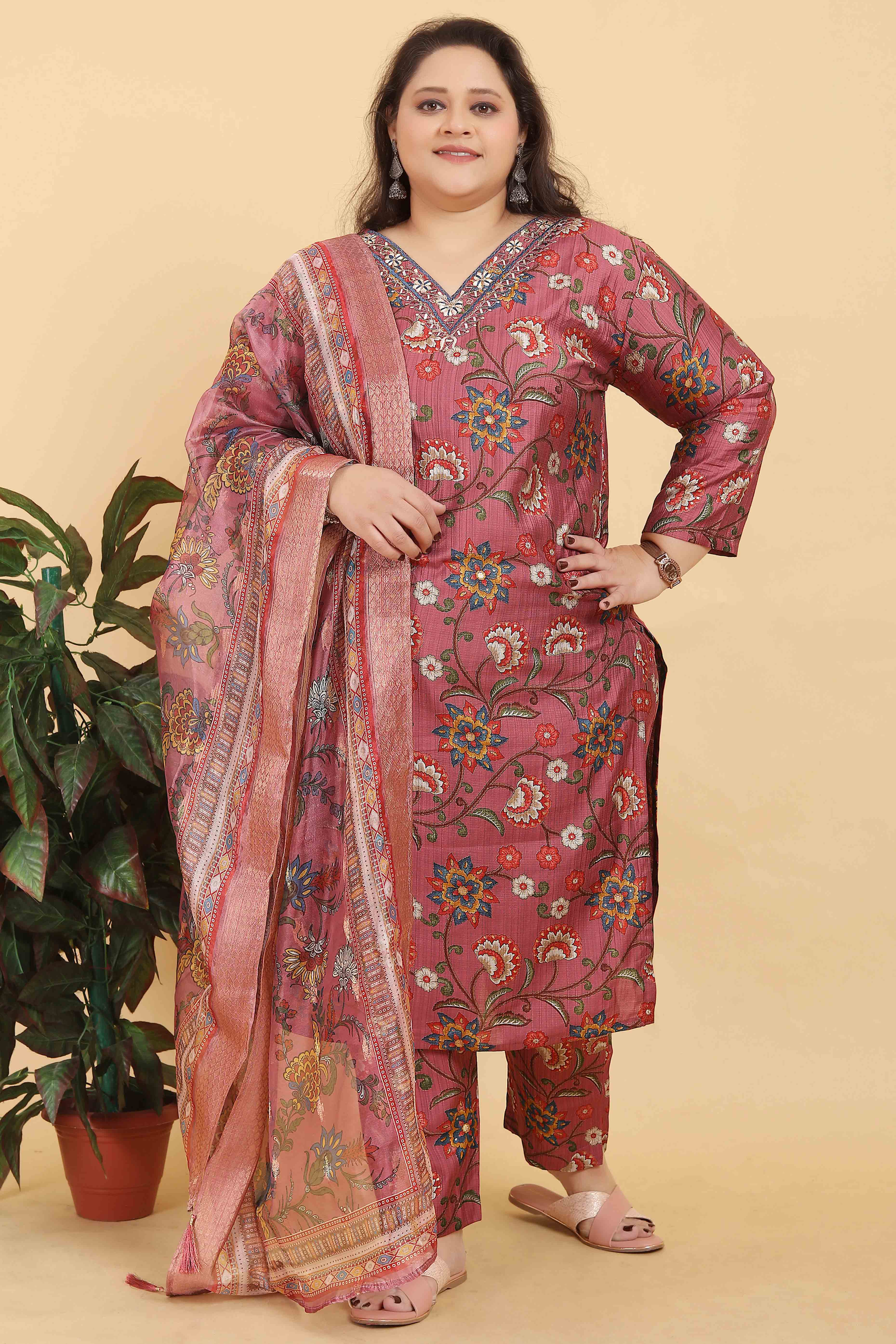 Onion Pink Floral Foil Printed With Mirror Handwork Viscose Salwar Suit