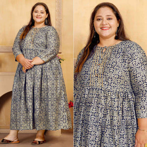 Blue Floral Printed Rayon Long Kurti