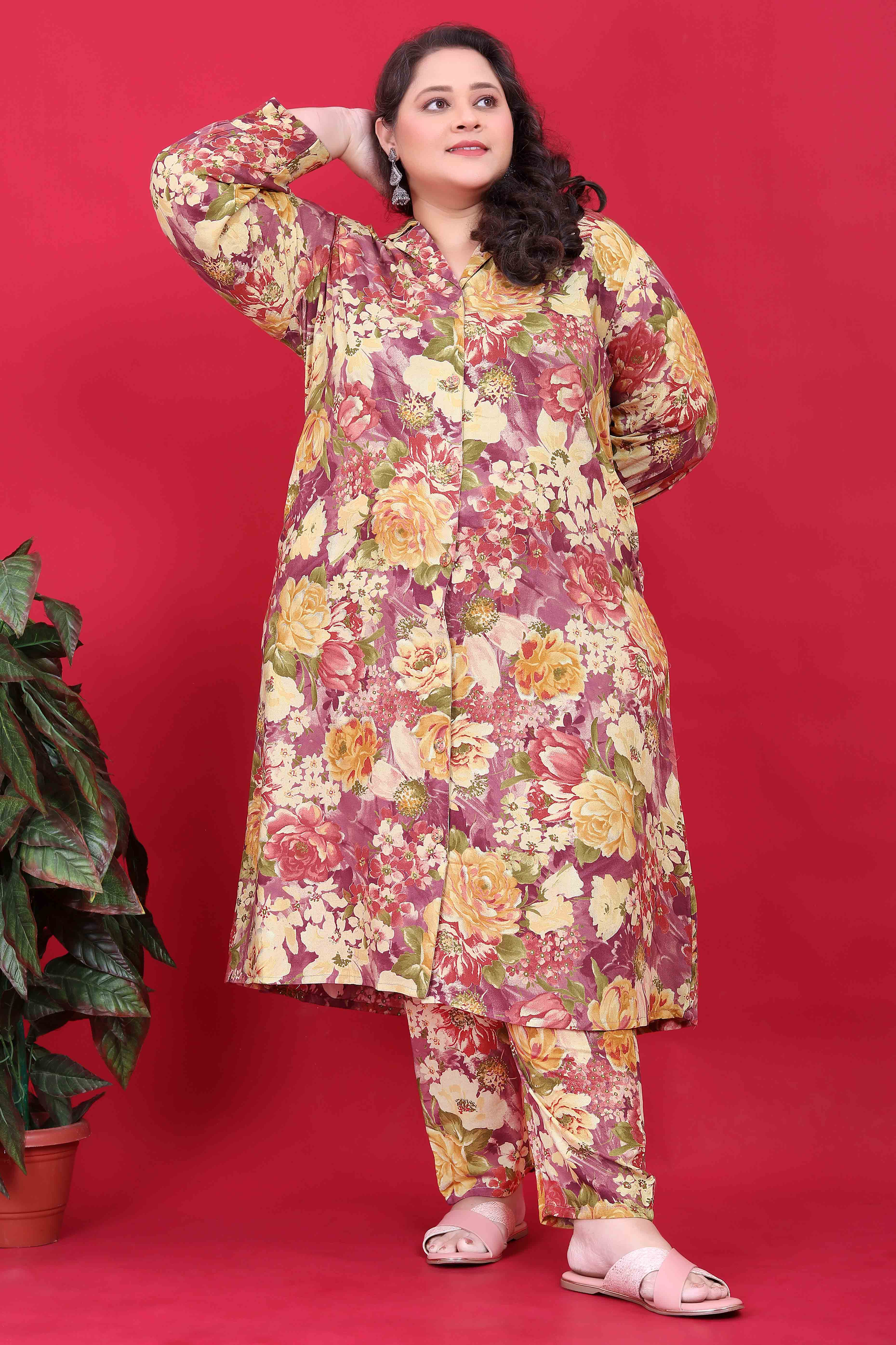 Wine Floral Printed Rayon Co-Ord Set