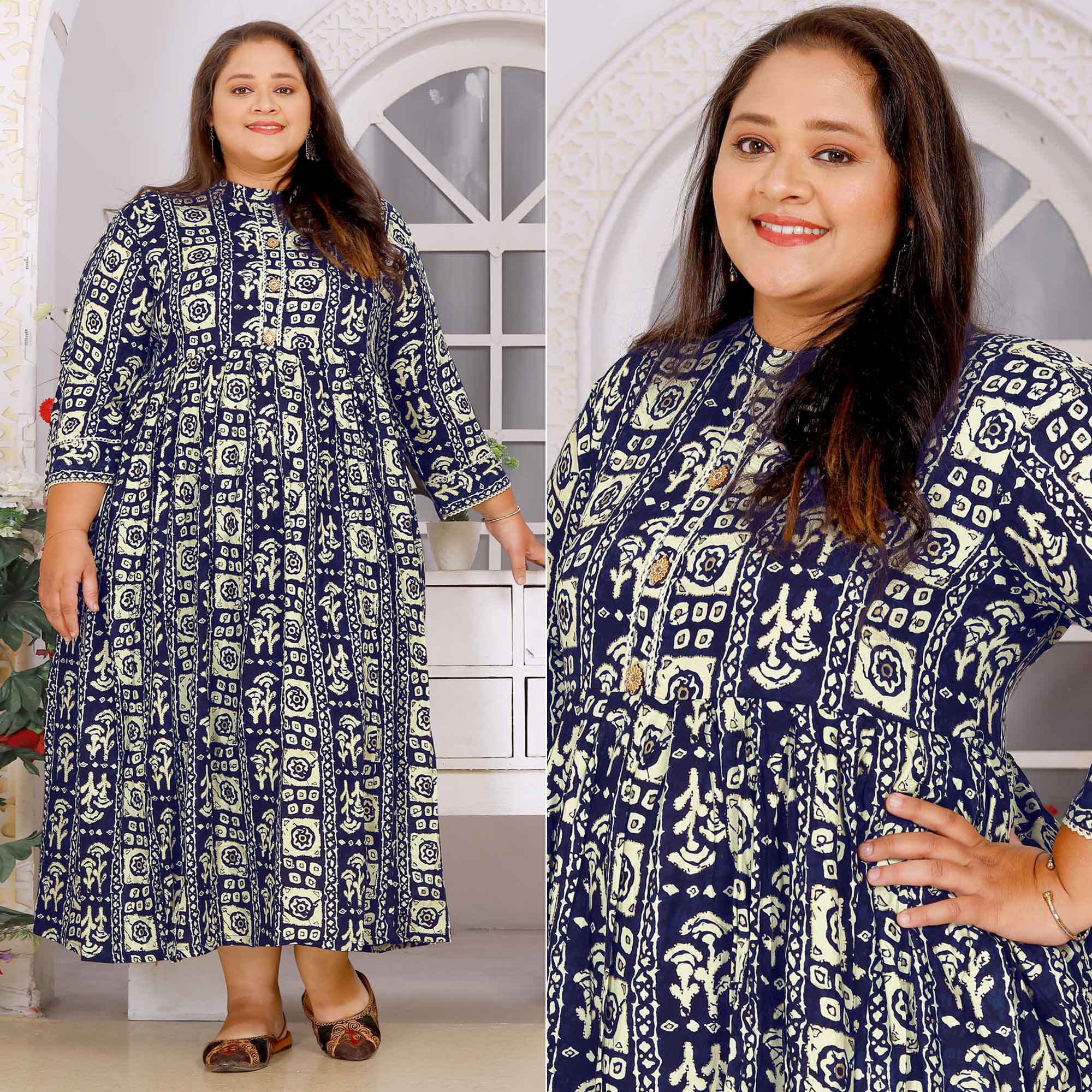 Blue Floral Printed Rayon Long Kurti