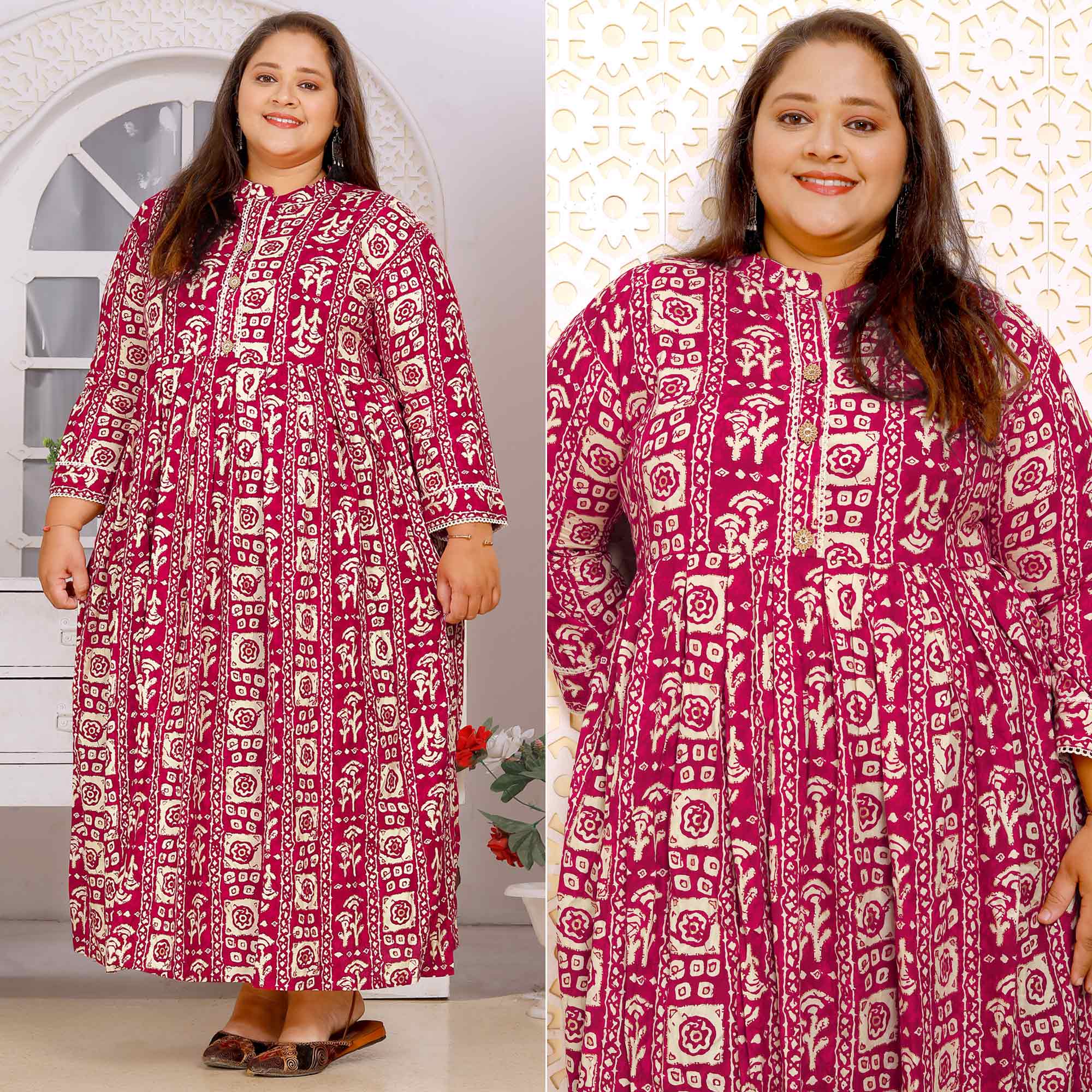 Pink Floral Printed Rayon Long Kurti