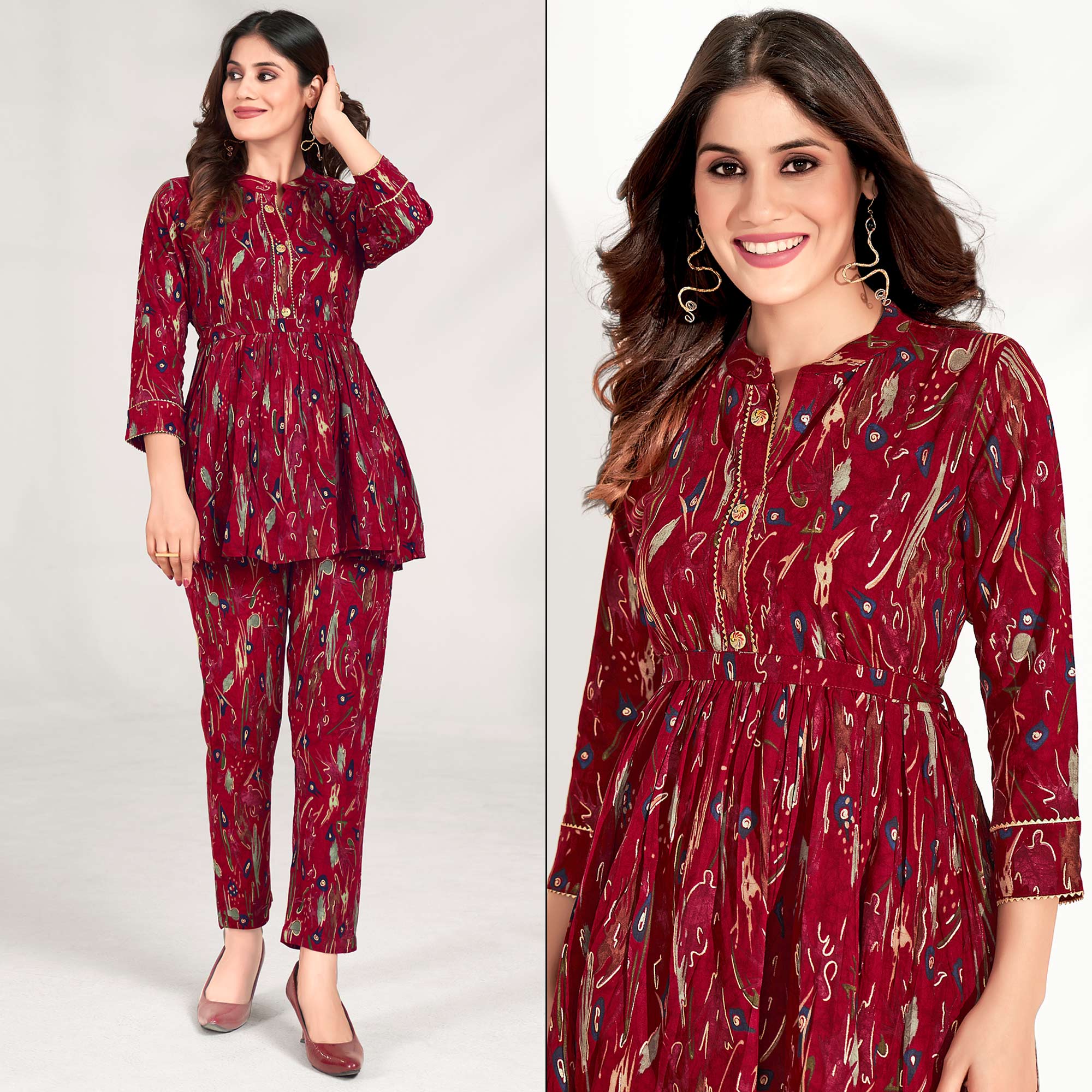 Dark Red Foil Printed Rayon Co Ord Set