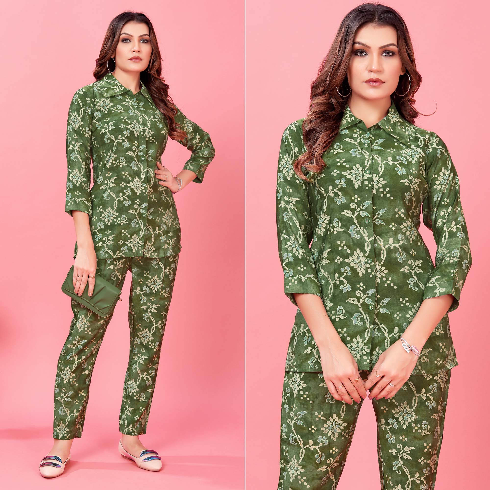 Bottle Green Floral Printed Chanderi Co Ord Set
