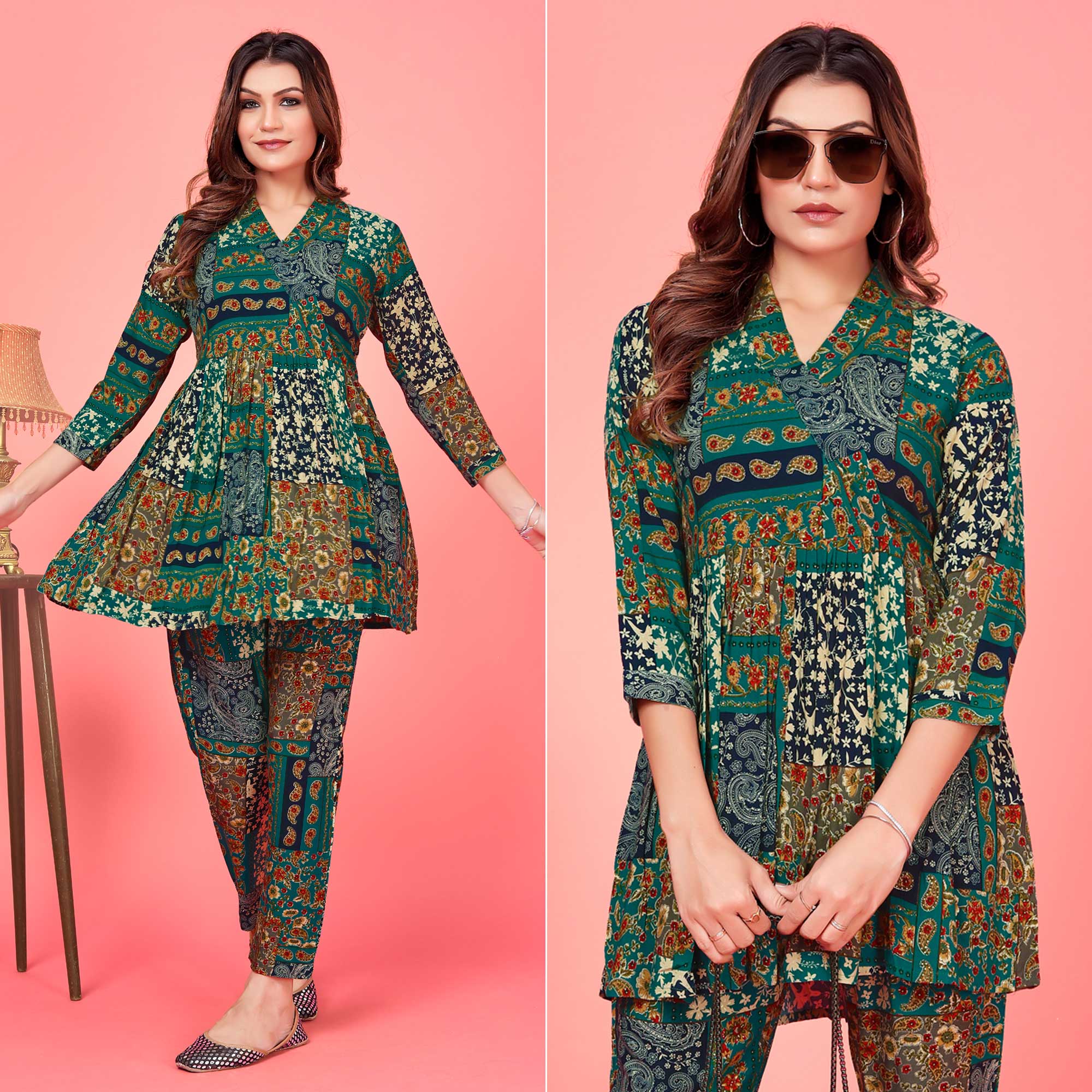 Rama Green Floral Printed Rayon Co Ord Set