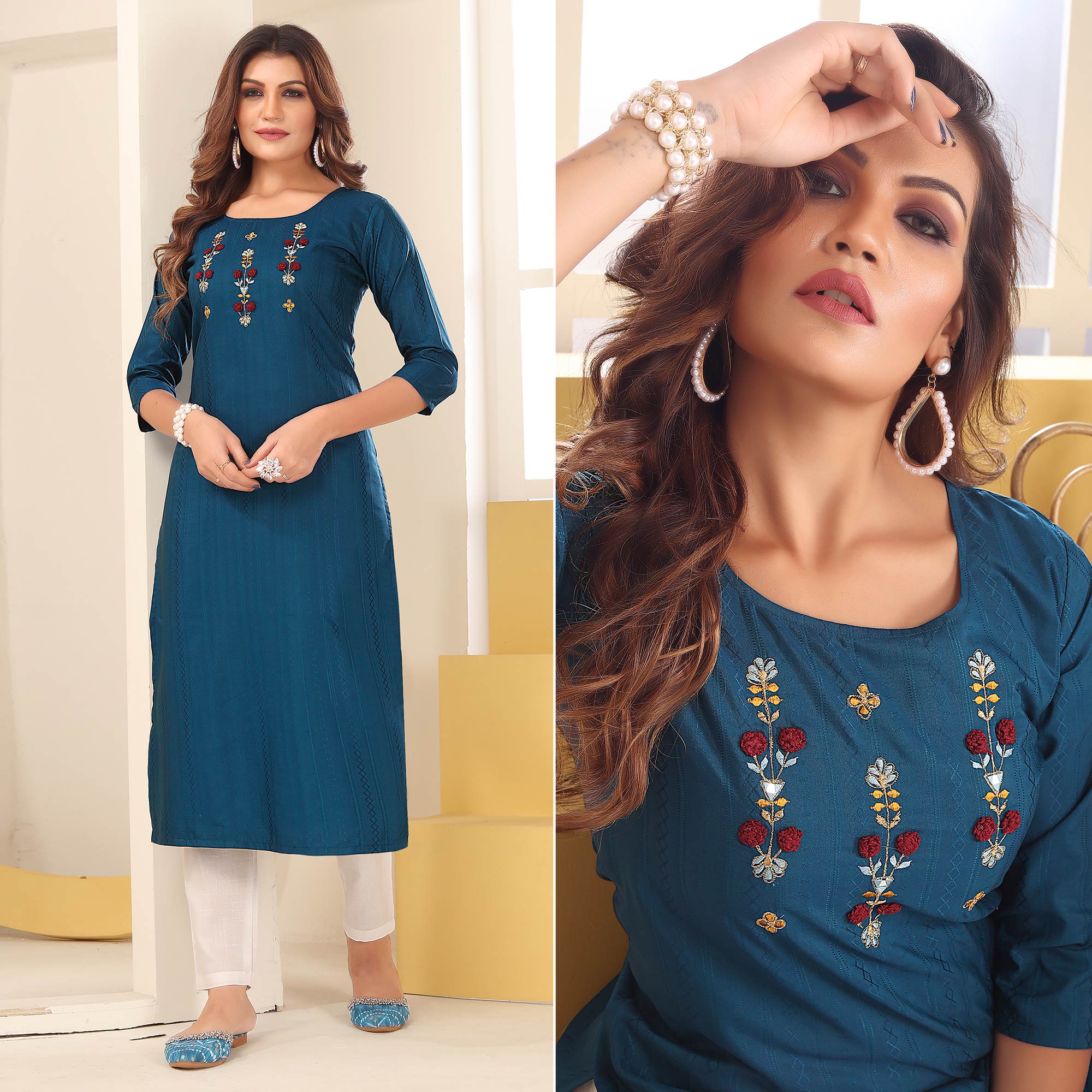 Morpich Floral Embroidered Art Silk Kurti