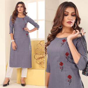 Grey Floral Embroidered Art Silk Kurti