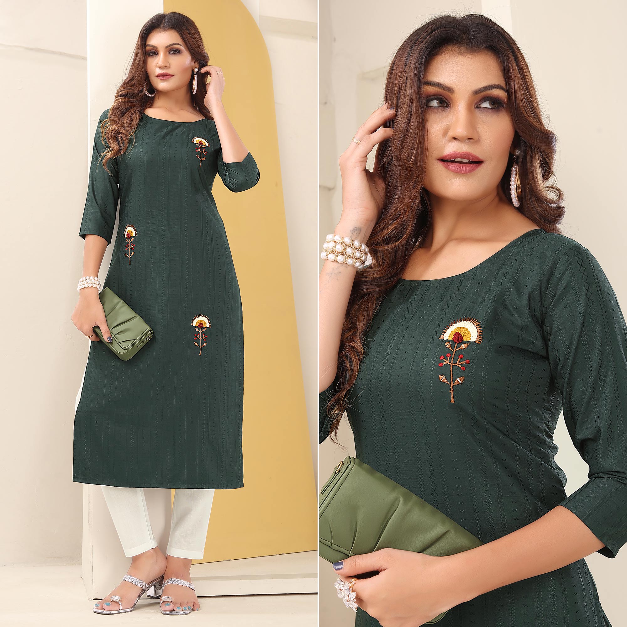 Green Floral Embroidered Art Silk Kurti