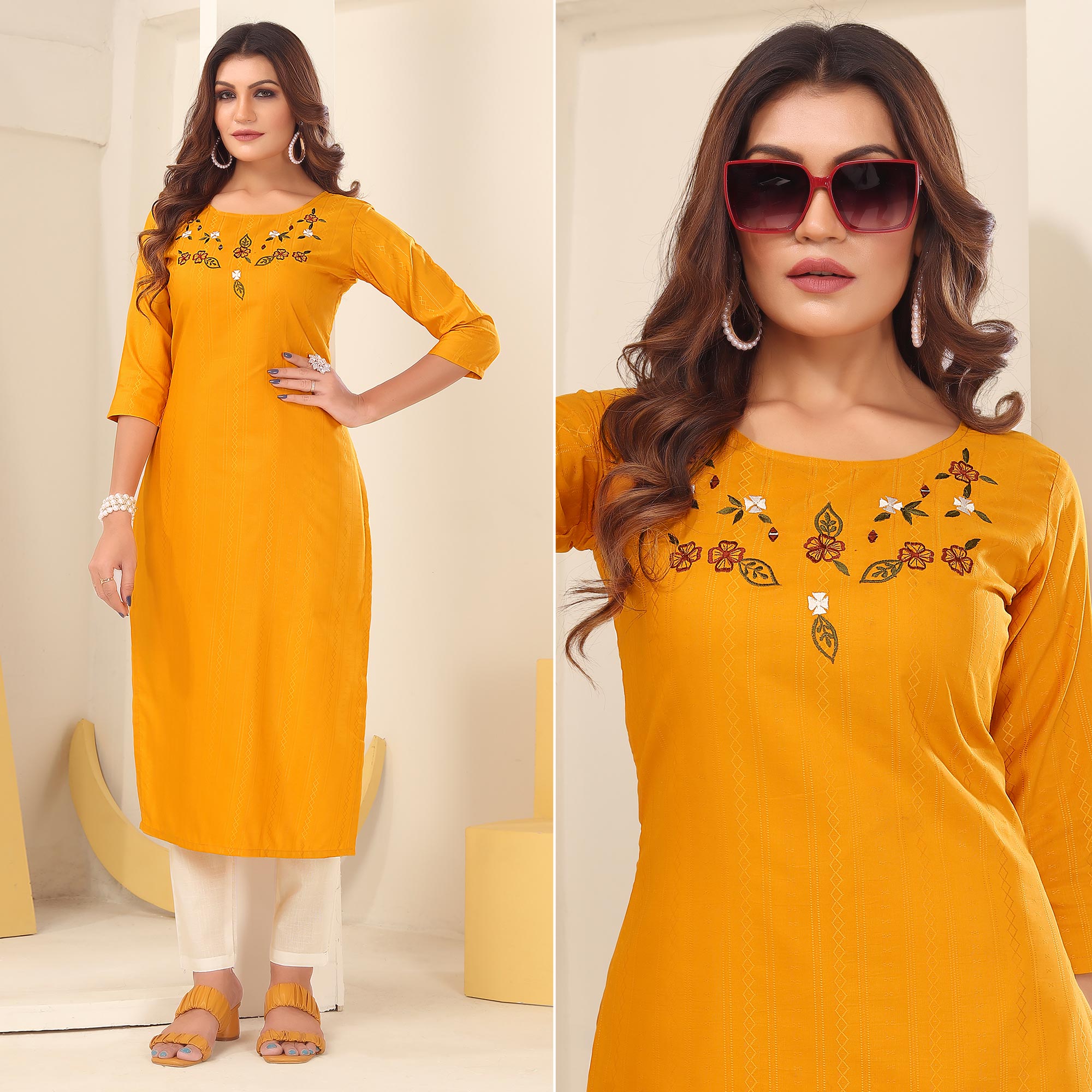 Yellow Floral Embroidered Art Silk Kurti