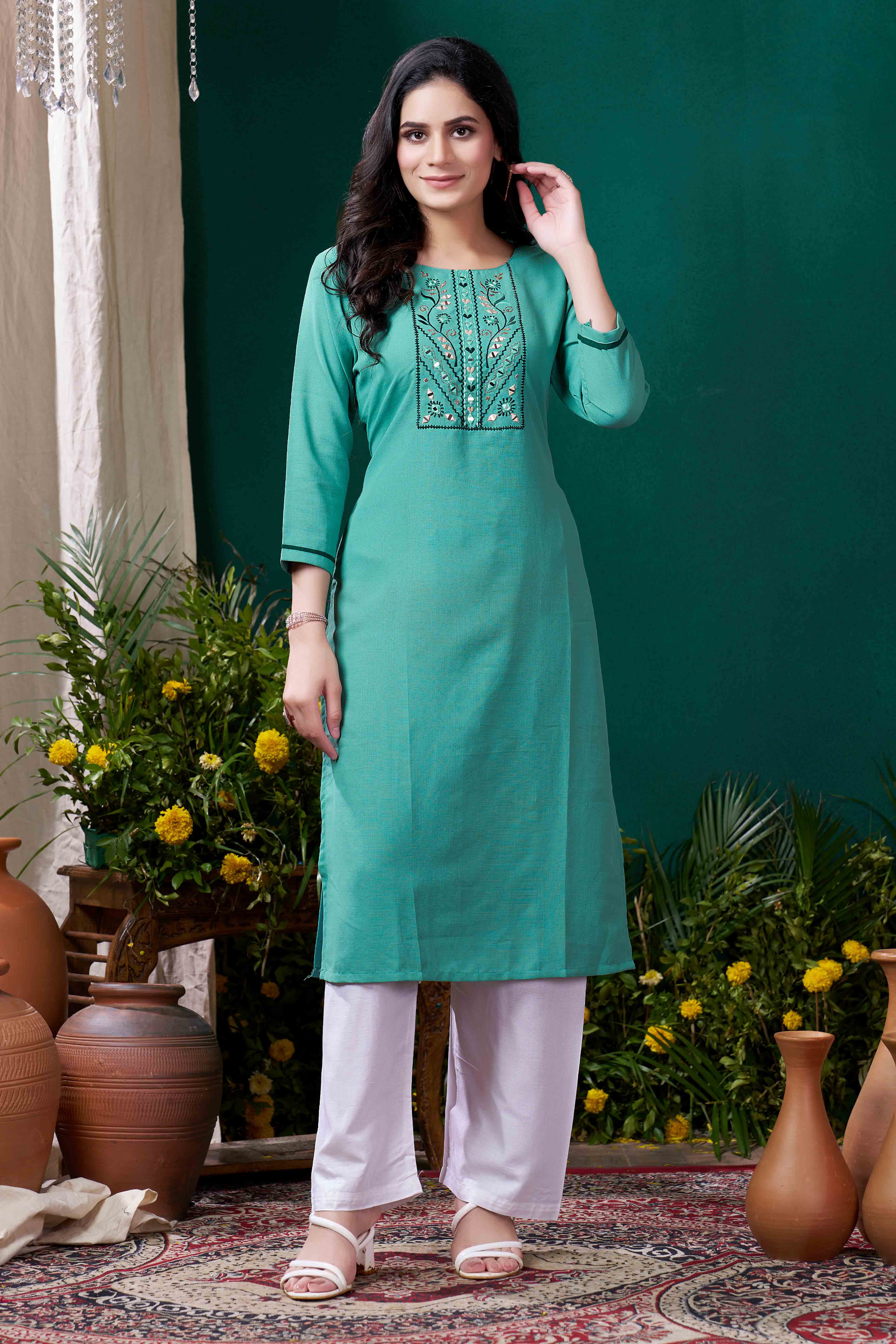 Turquoise Yoke Embroidered Pure Cotton Straight Kurti