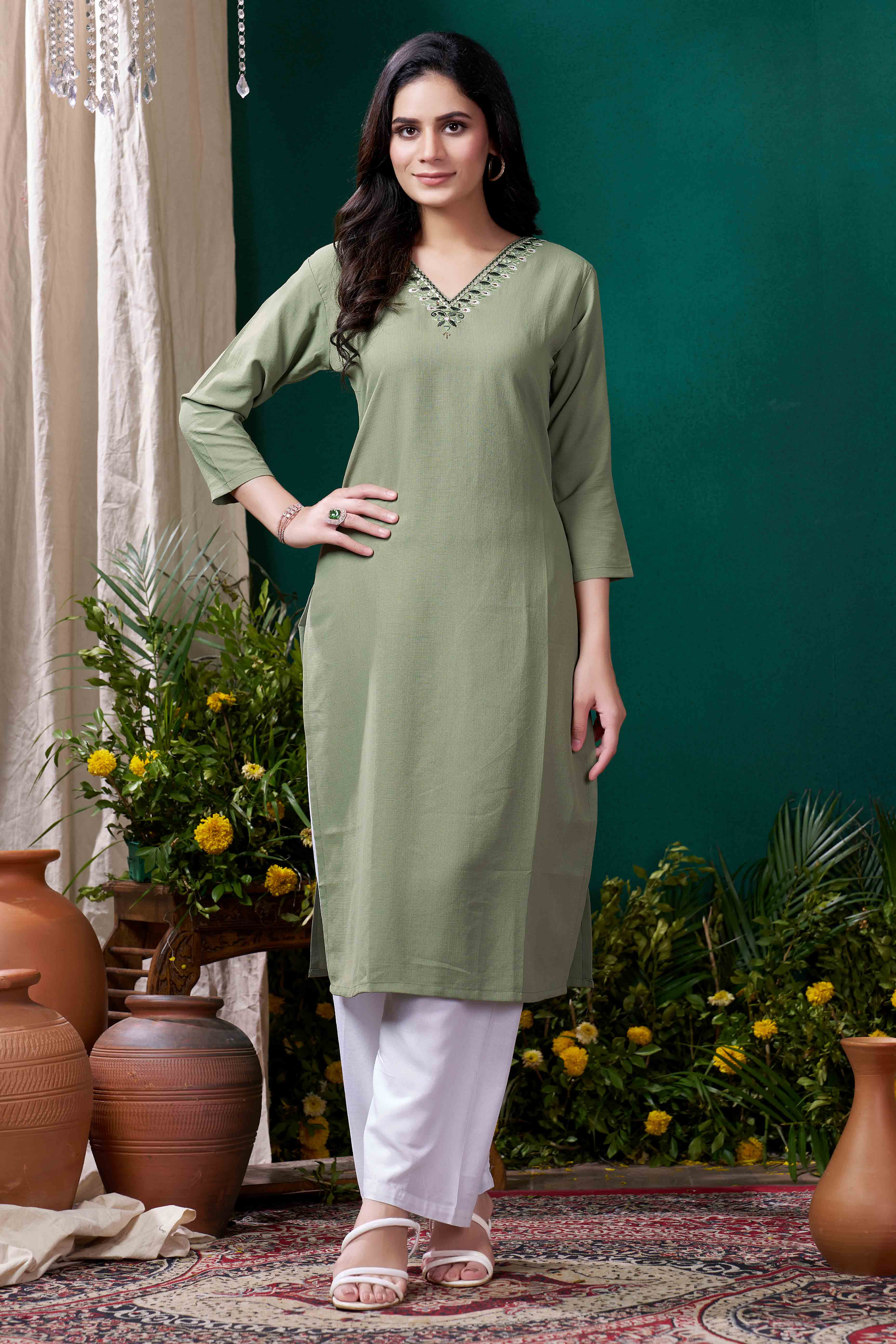 Green Yoke Embroidered Pure Cotton Straight Kurti