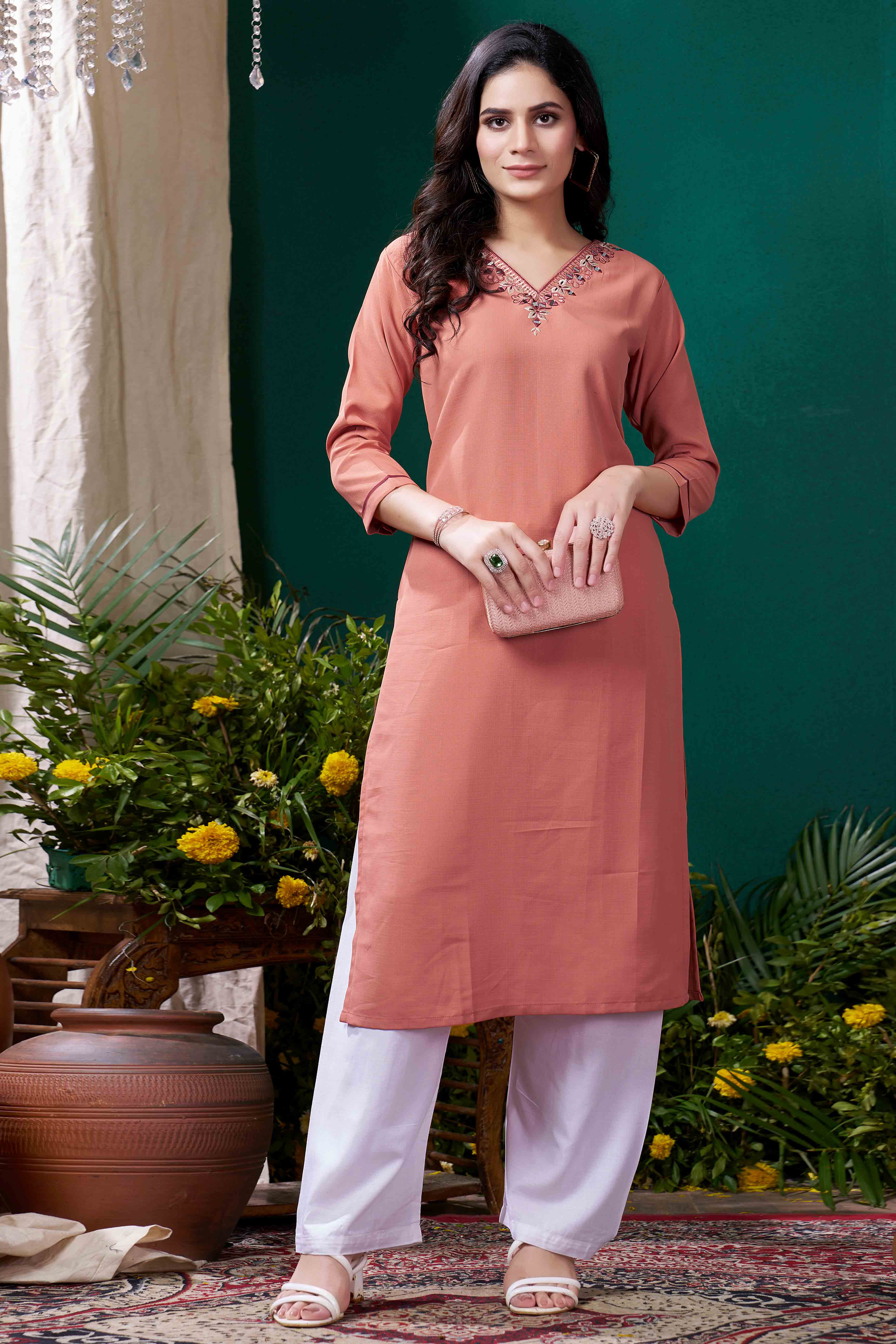 Peach Yoke Embroidered Pure Cotton Straight Kurti