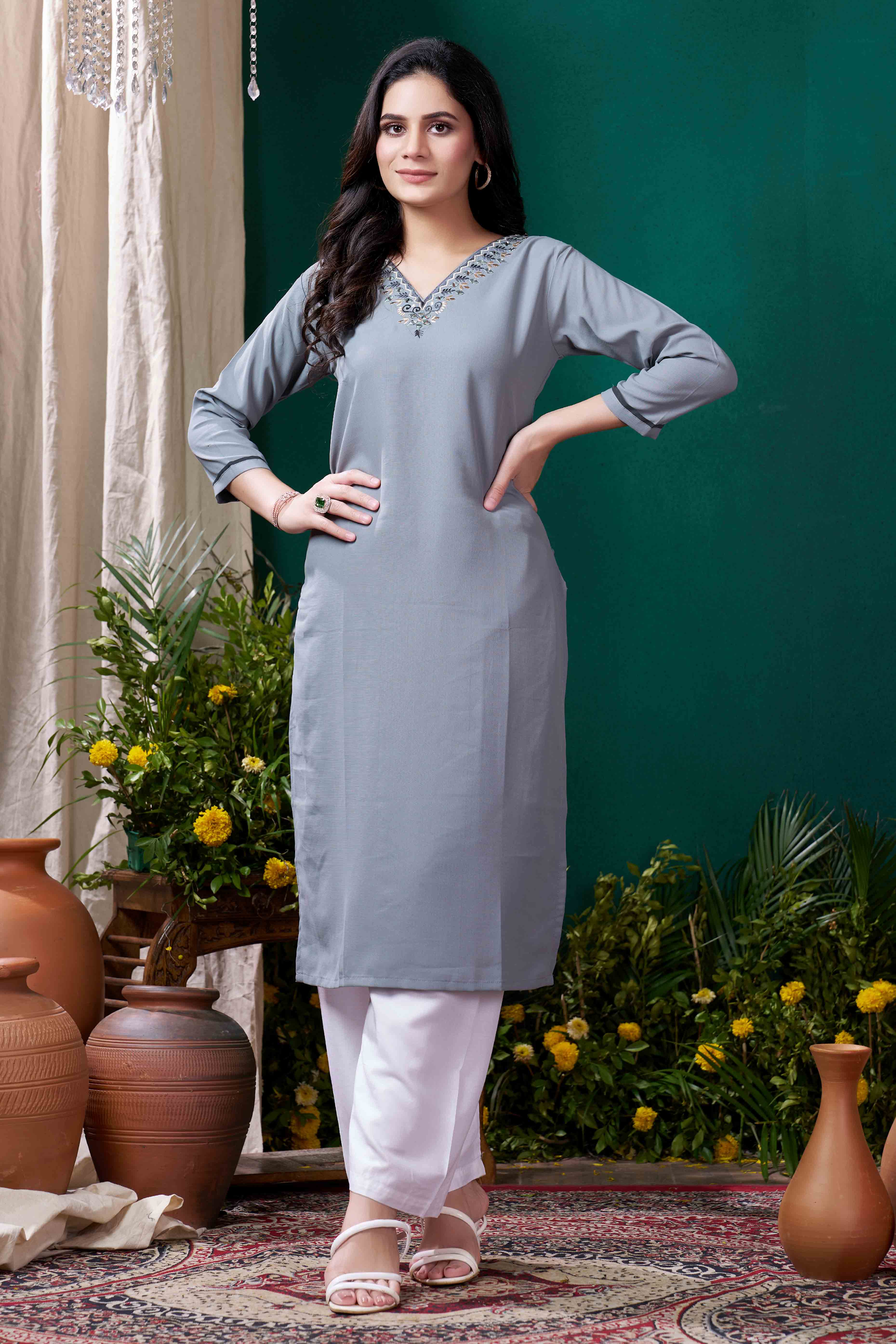 Grey Yoke Embroidered Pure Cotton Straight Kurti