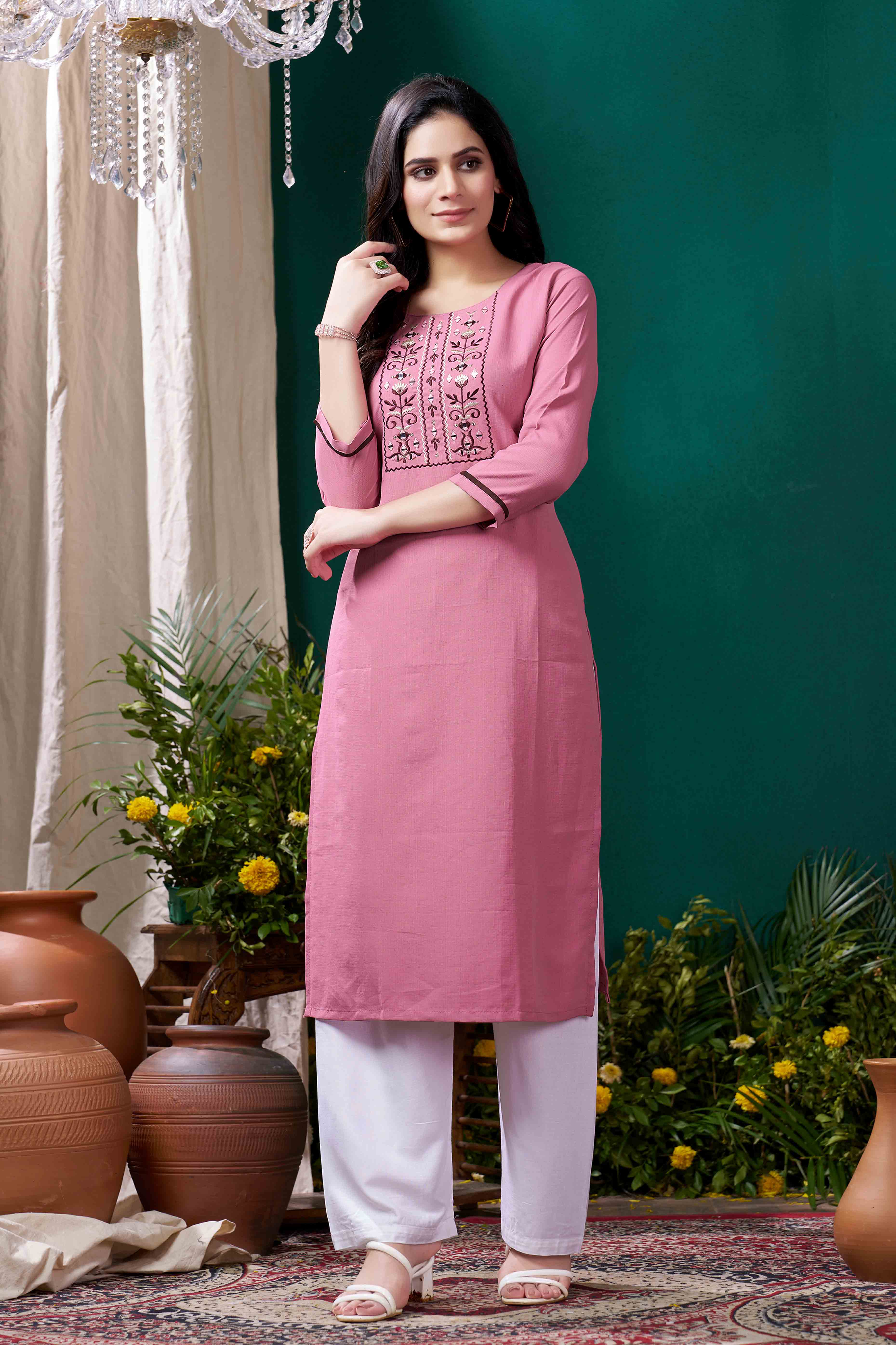 Pink Yoke Embroidered Pure Cotton Straight Kurti