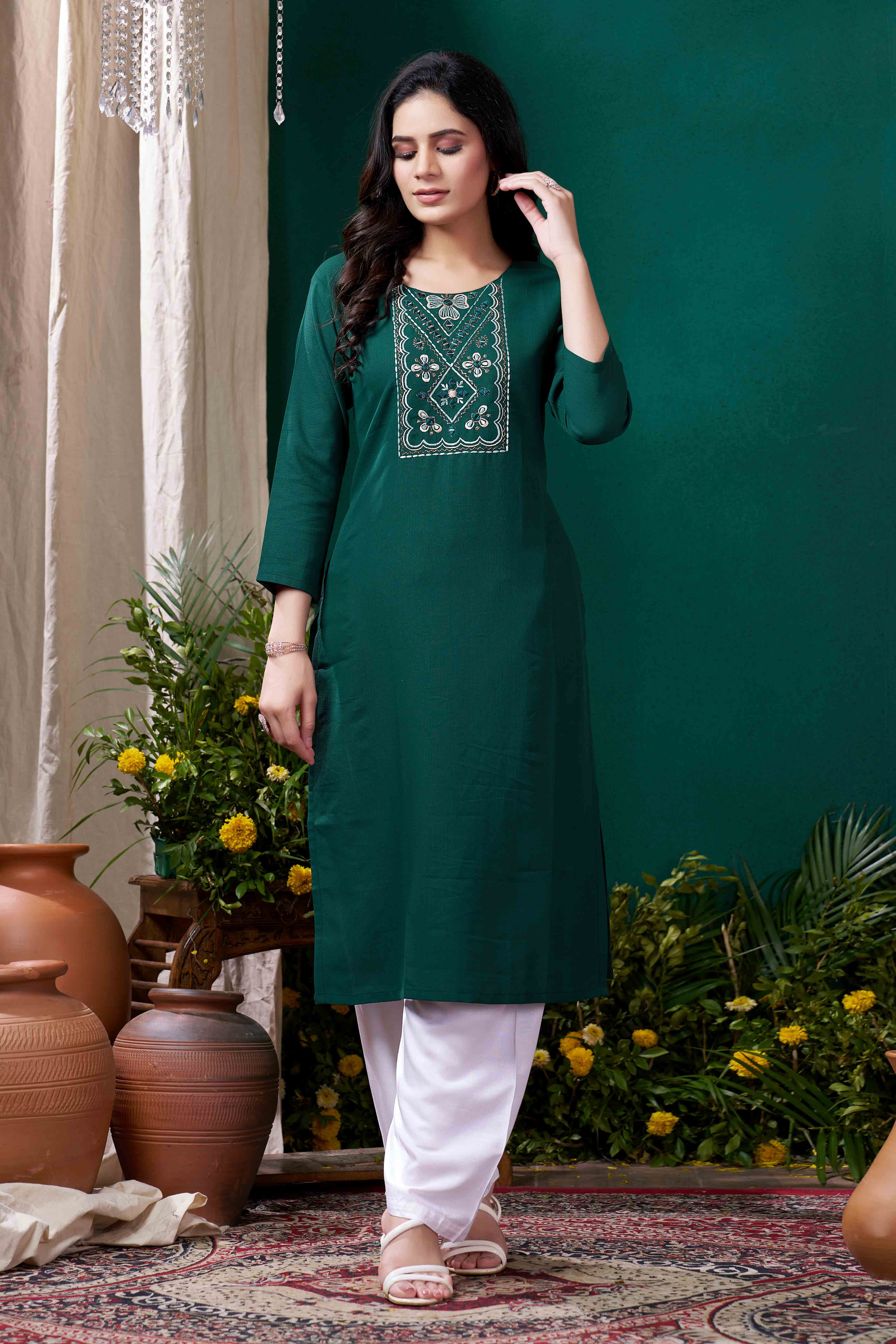 Green Yoke Embroidered Pure Cotton Straight Kurti