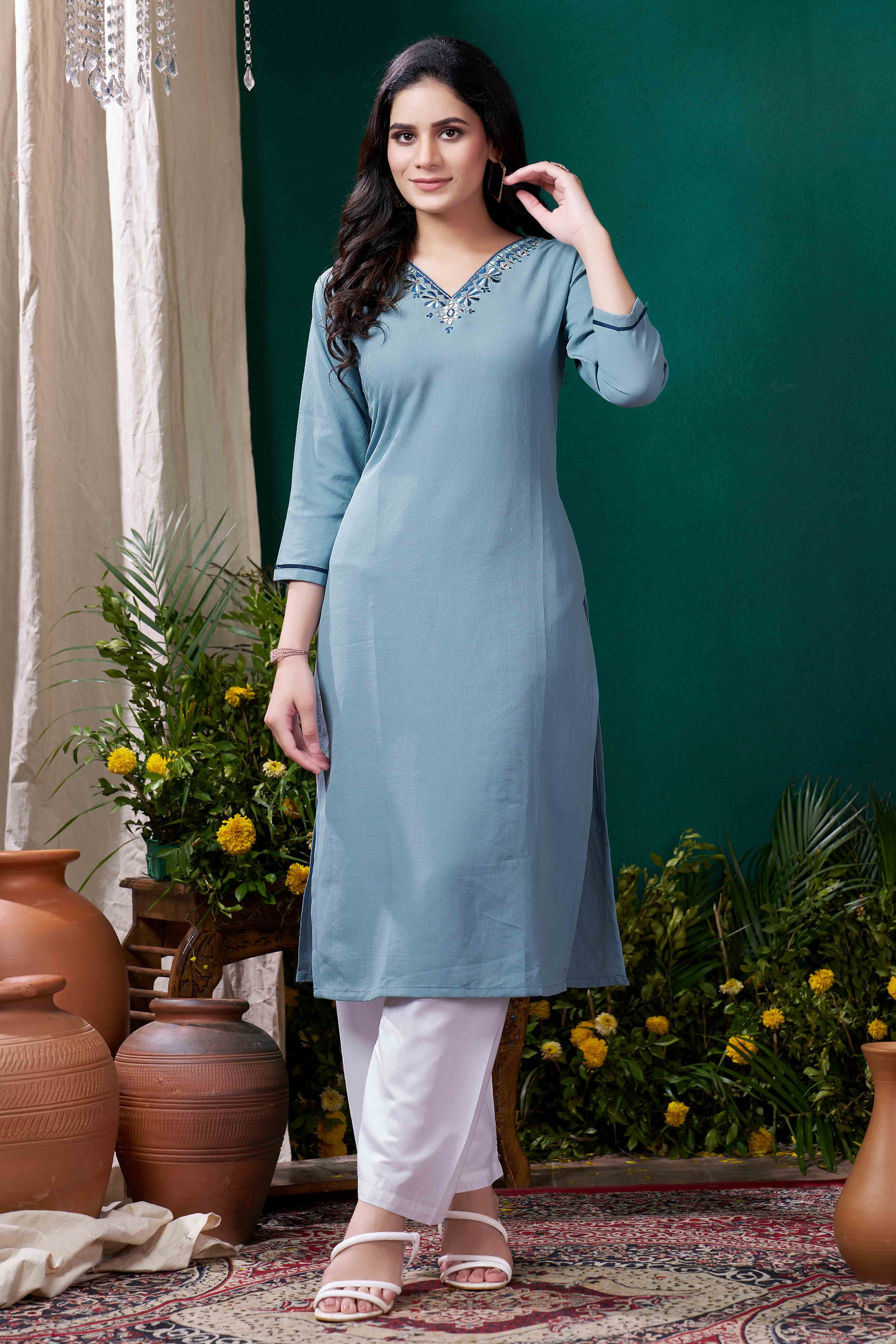 Blue Yoke Embroidered Pure Cotton Straight Kurti