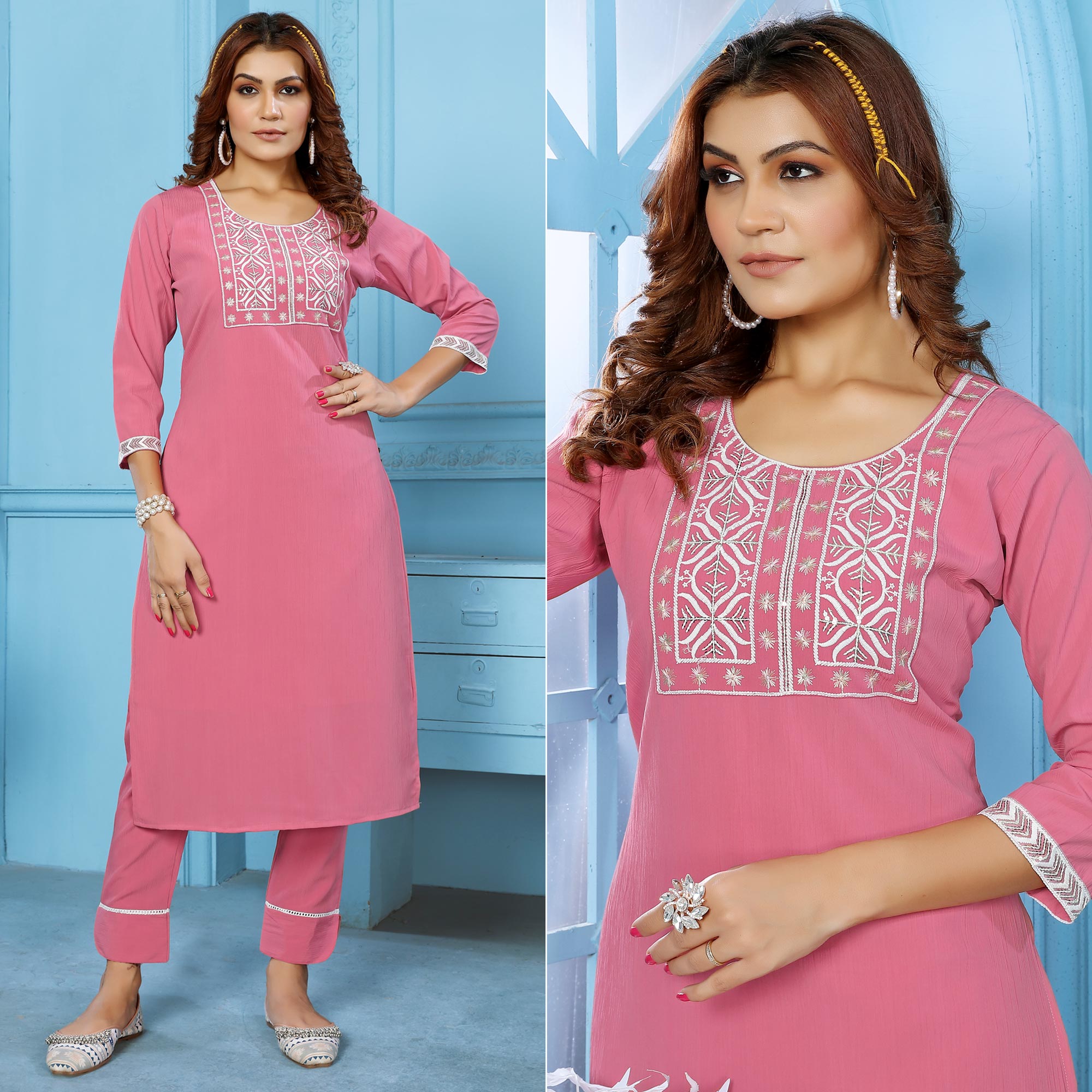 Pink Sequins Embroidered Cotton Blend Kurti Pant Set