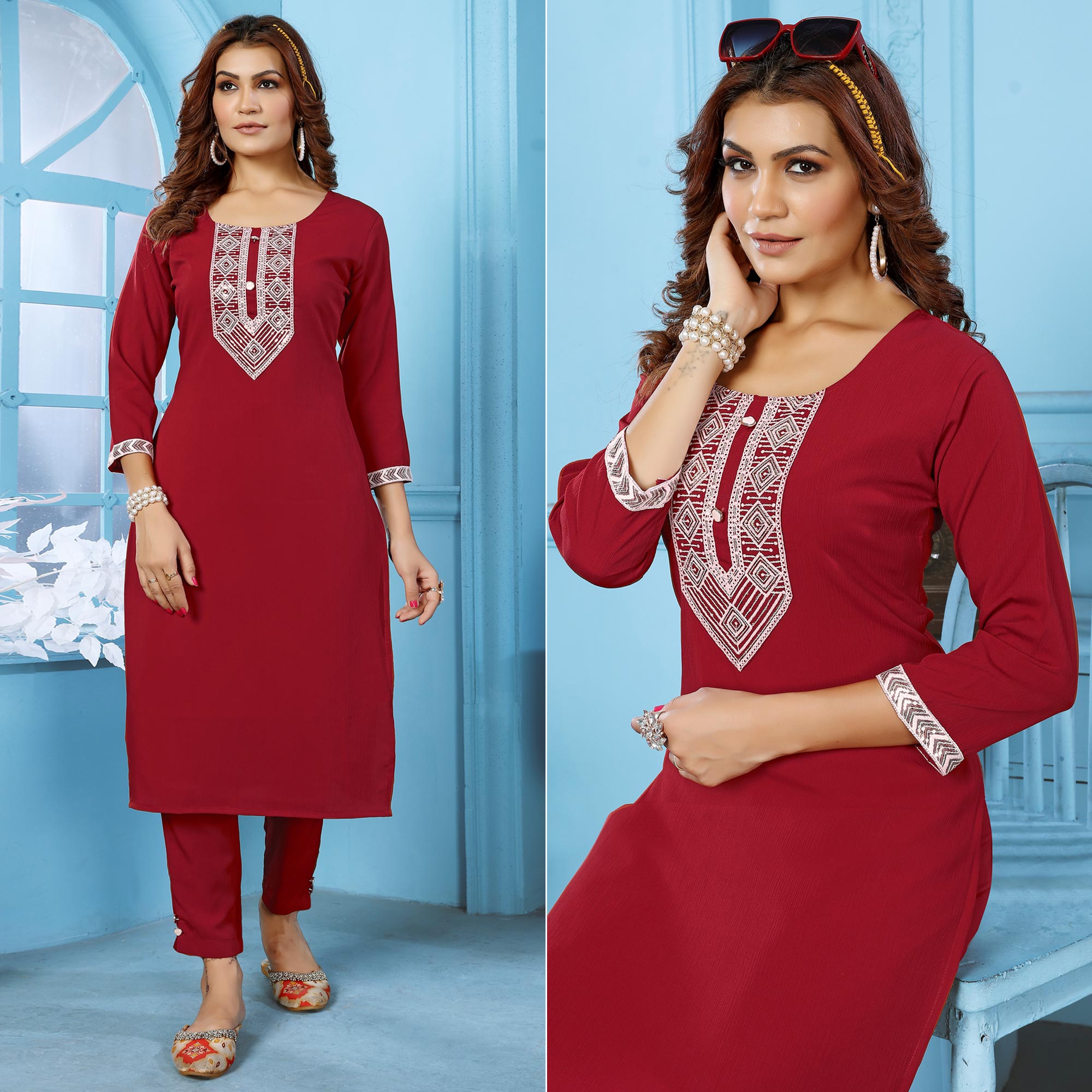 Red Sequins Embroidered Cotton Blend Kurti Pant Set