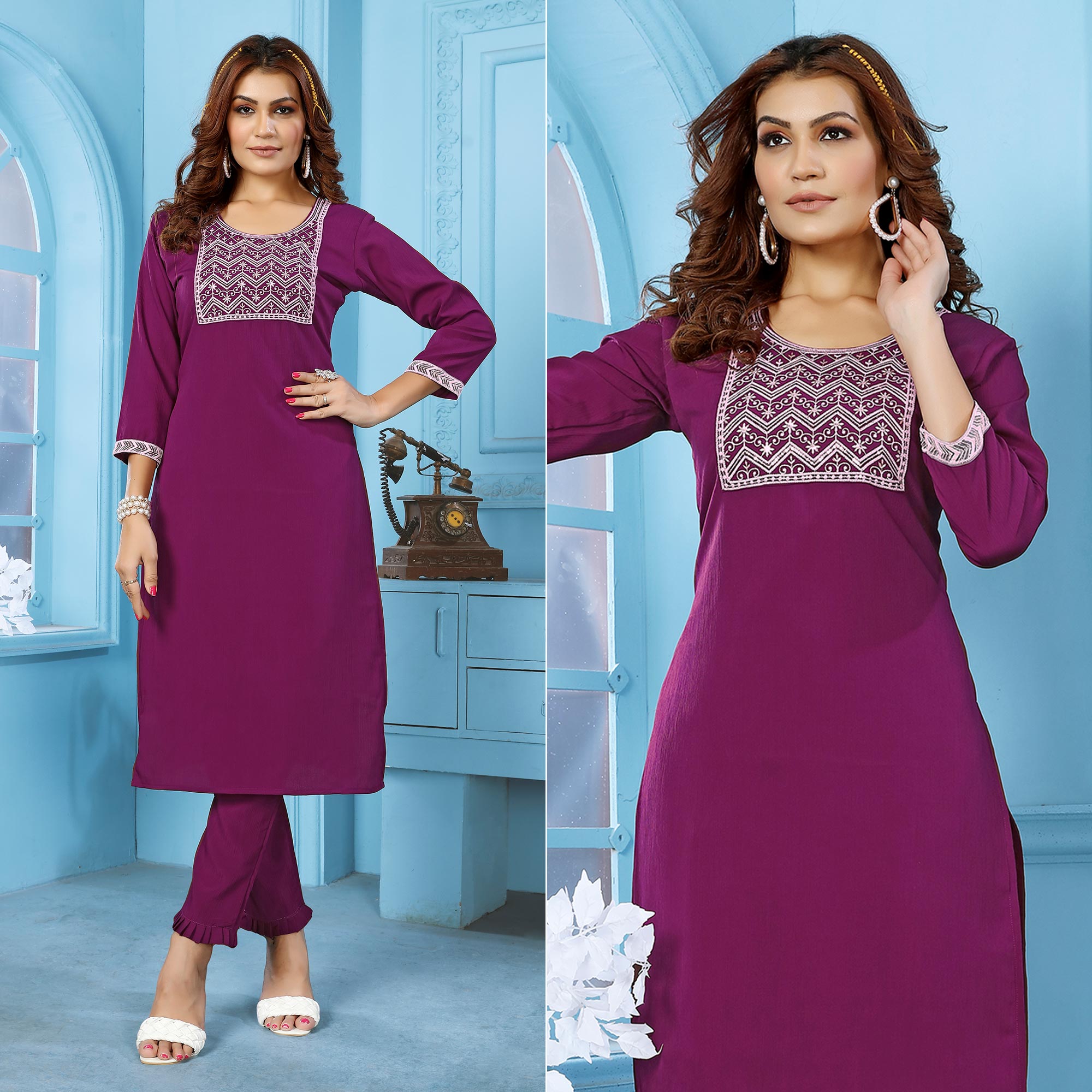 Purple Sequins Embroidered Cotton Blend Kurti Pant Set