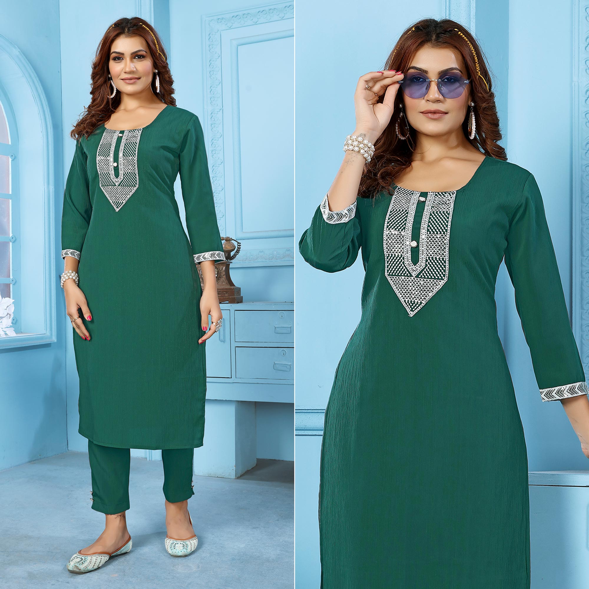 Green Sequins Embroidered Cotton Blend Kurti Pant Set