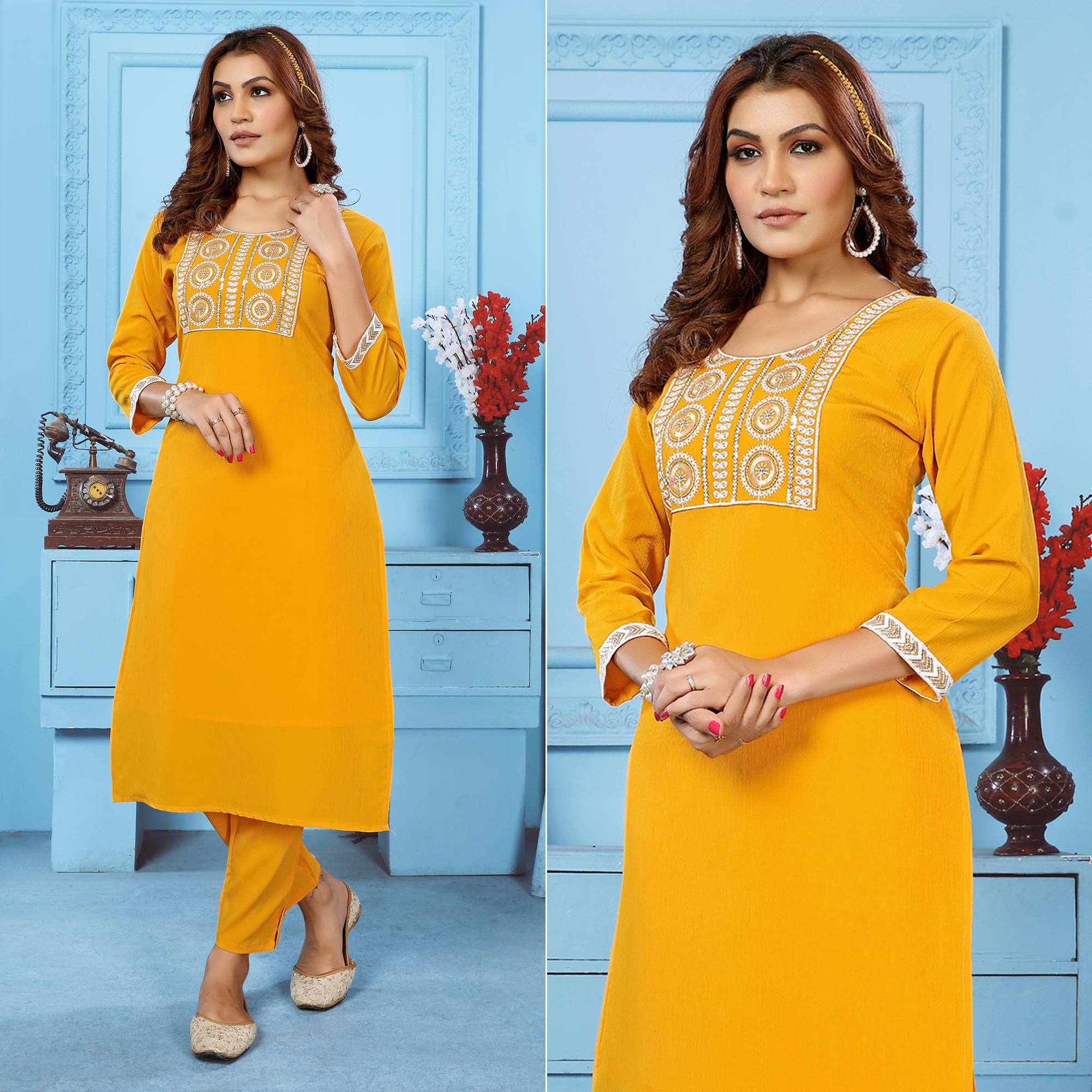 Yellow Sequins Embroidered Cotton Blend Kurti Pant Set