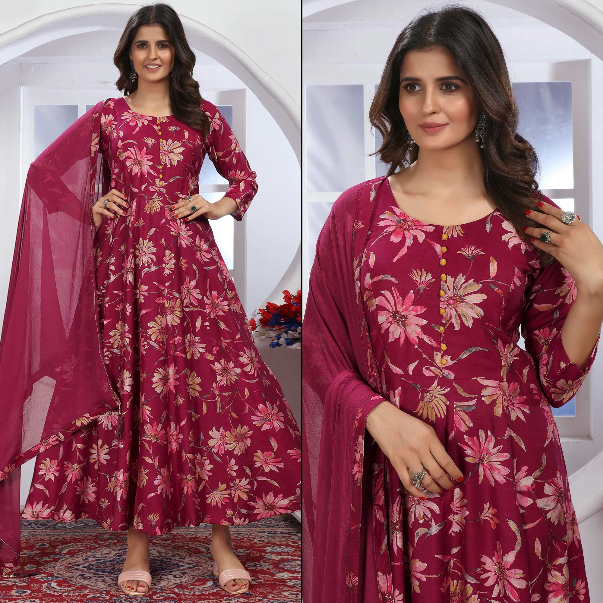 Pink Floral Foil Printed Chanderi Long Kurti