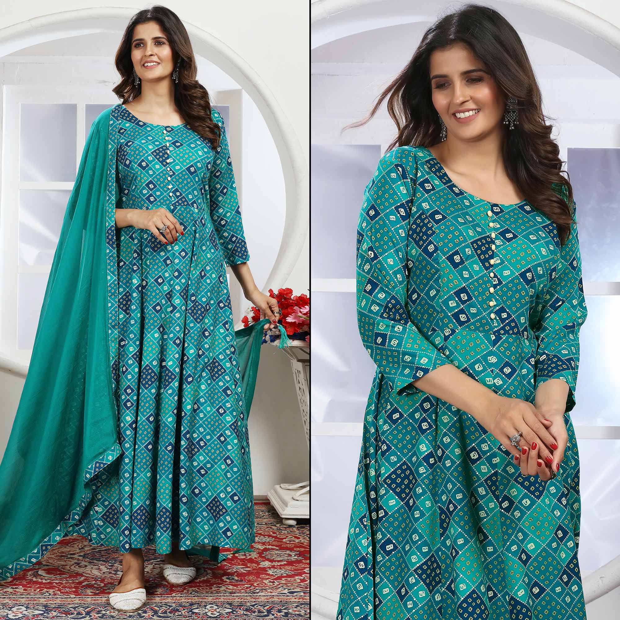 Turquoise Bandhani Foil Printed Rayon Long Kurti