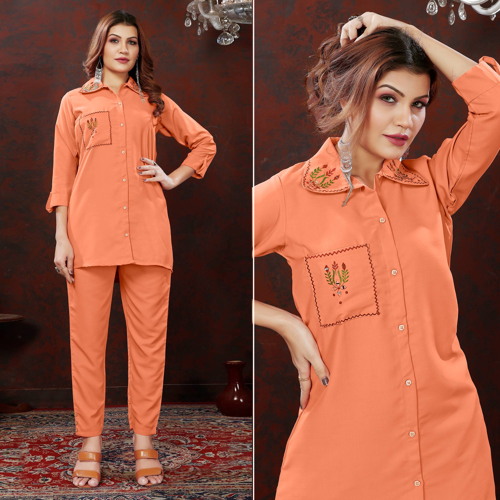 Peach Embroidered Cotton Blend Co Ord Set