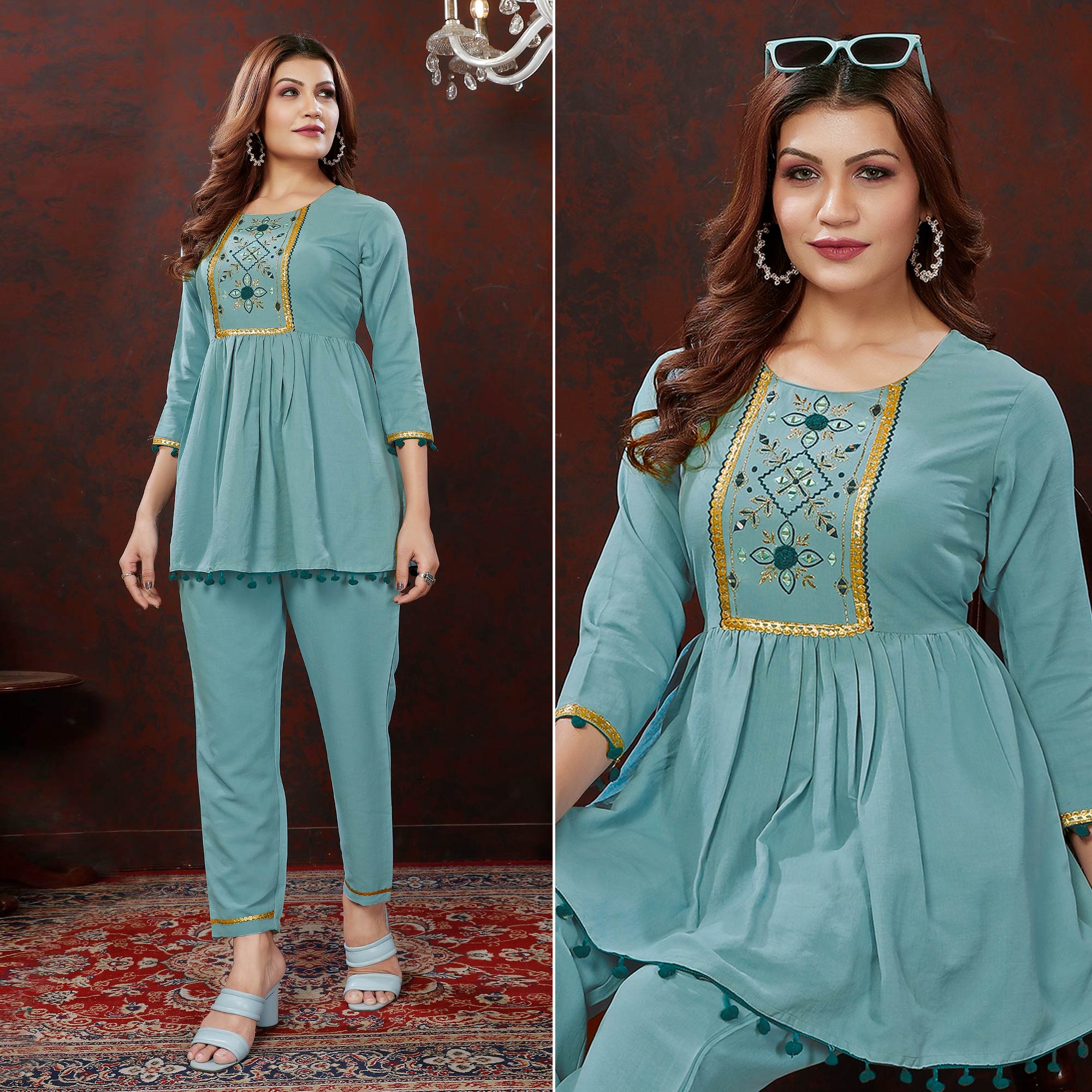 Dusty Turquoise Embroidered Cotton Blend Co Ord Set