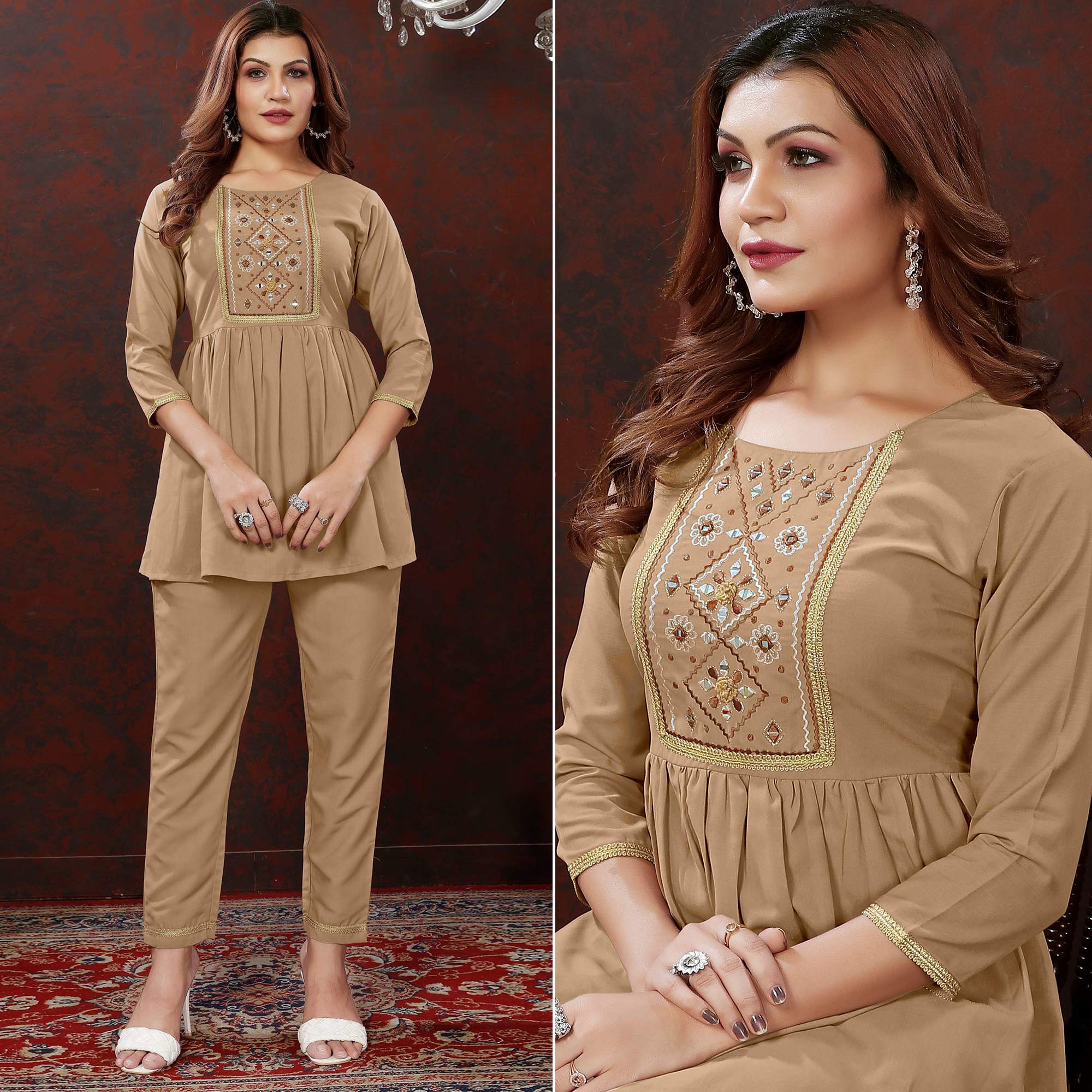 Beige Embroidered Cotton Blend Co Ord Set