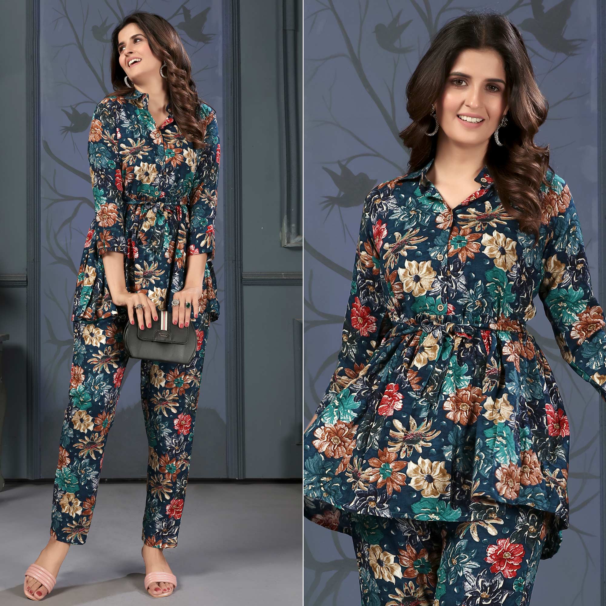 Navy Blue Floral Digital Printed Rayon Co-Ord Set