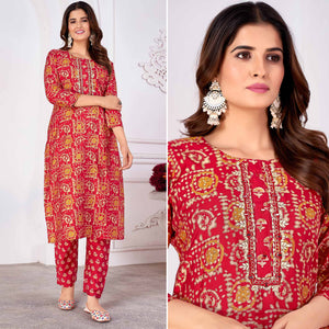 Red Foil Printed Viscose Straight Kurti Sets