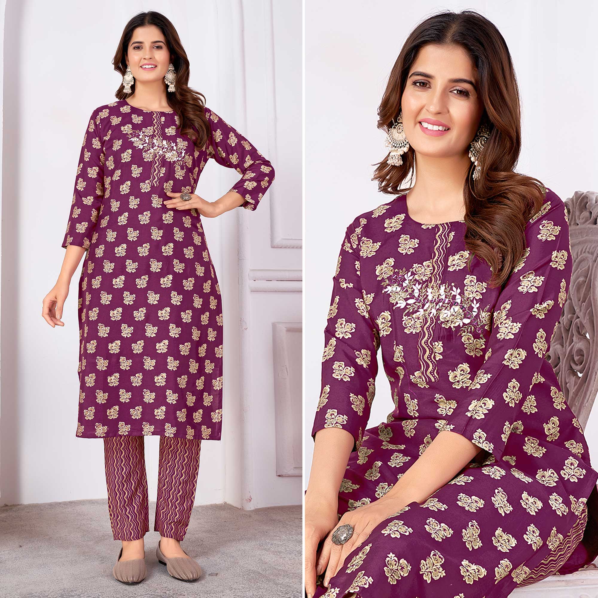 Purple Foil Printed Viscose Straight Kurti Sets