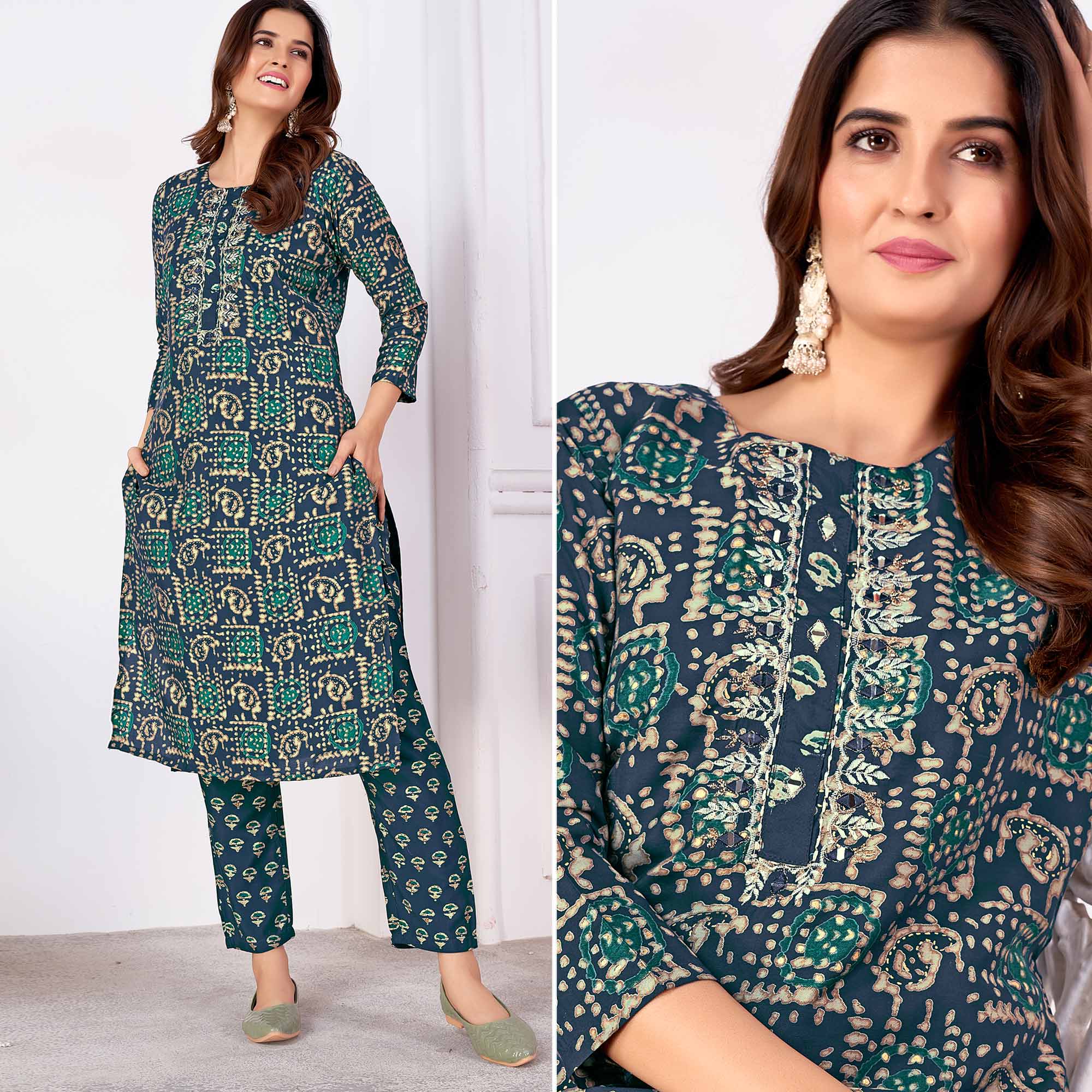 Navy Blue Foil Printed Viscose Straight Kurti Sets