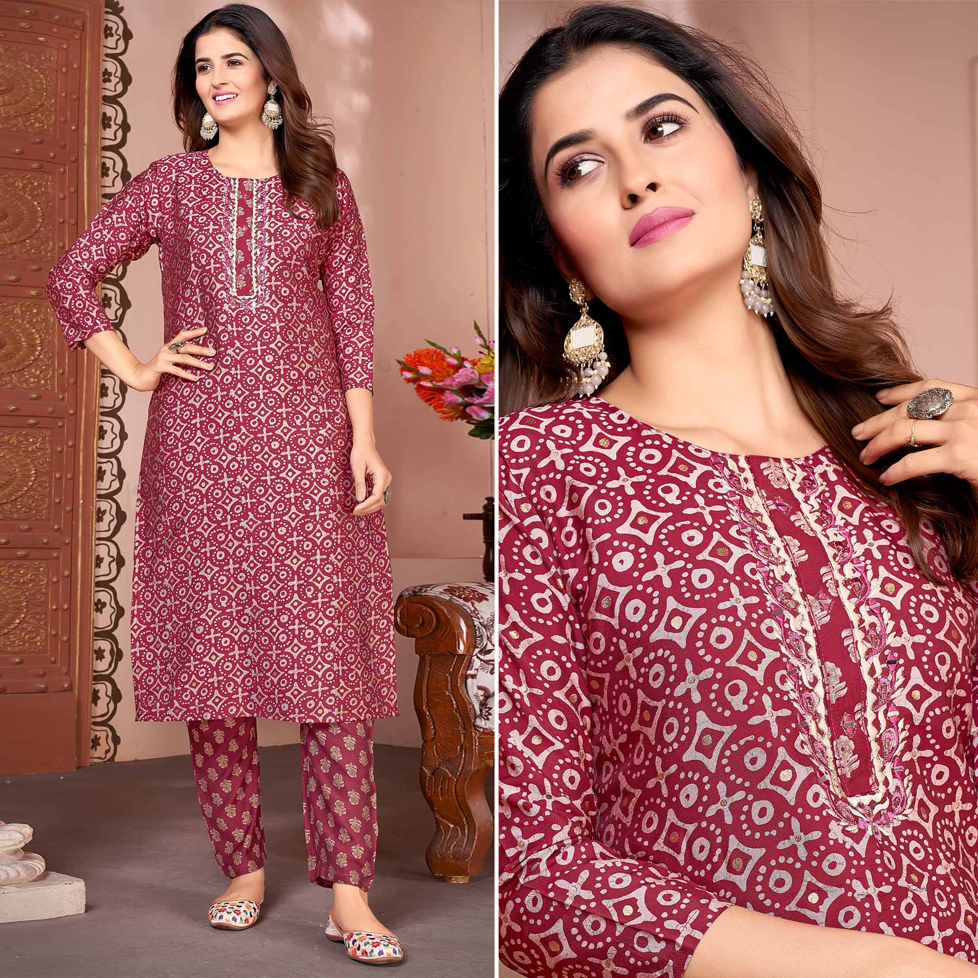 Magenta Foil Printed Viscose Straight Kurti Sets