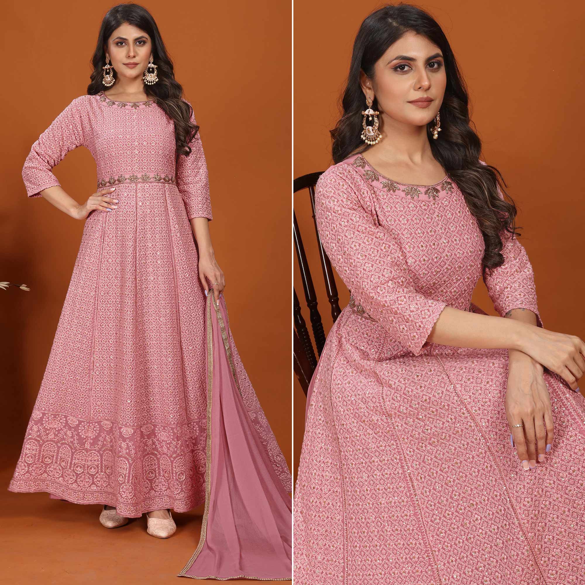 Pink Floral Sequins Embroidered Georgette Gown