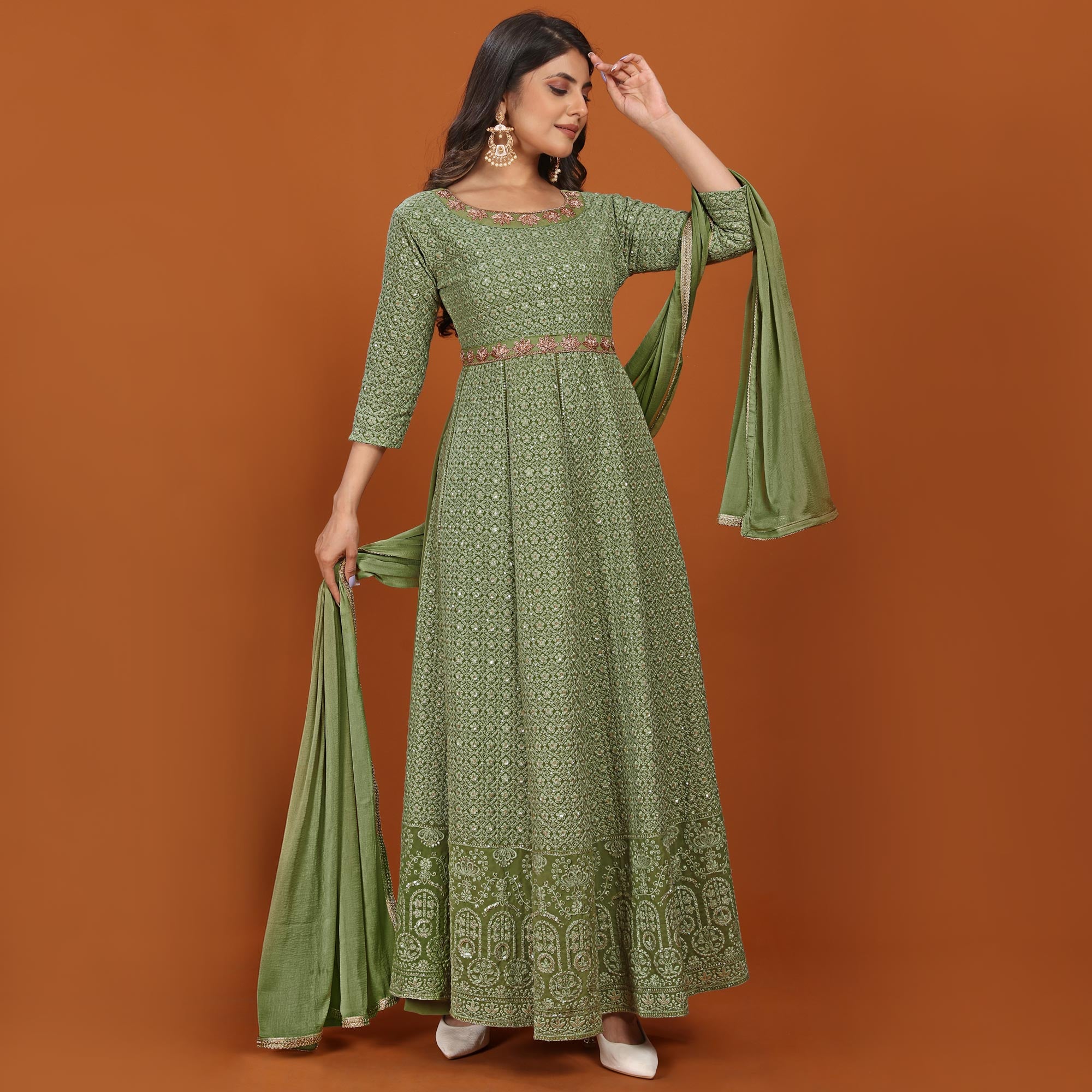 Green Floral Sequins Embroidered Georgette Gown